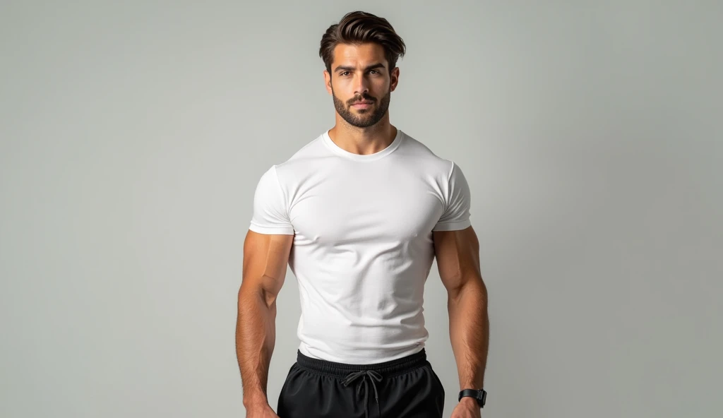 (​masterpiece、hight resolution、top-quality:1.2)、8K、ighly detailed、Convoluted、colourfull、vibrant image,1 male, whole body standing, white background, very short cropped hair, realistic skin, headphone, blue eyes,A spacious and large sweatshirt setup, dark skin、tan、Dark skin、brownish colors