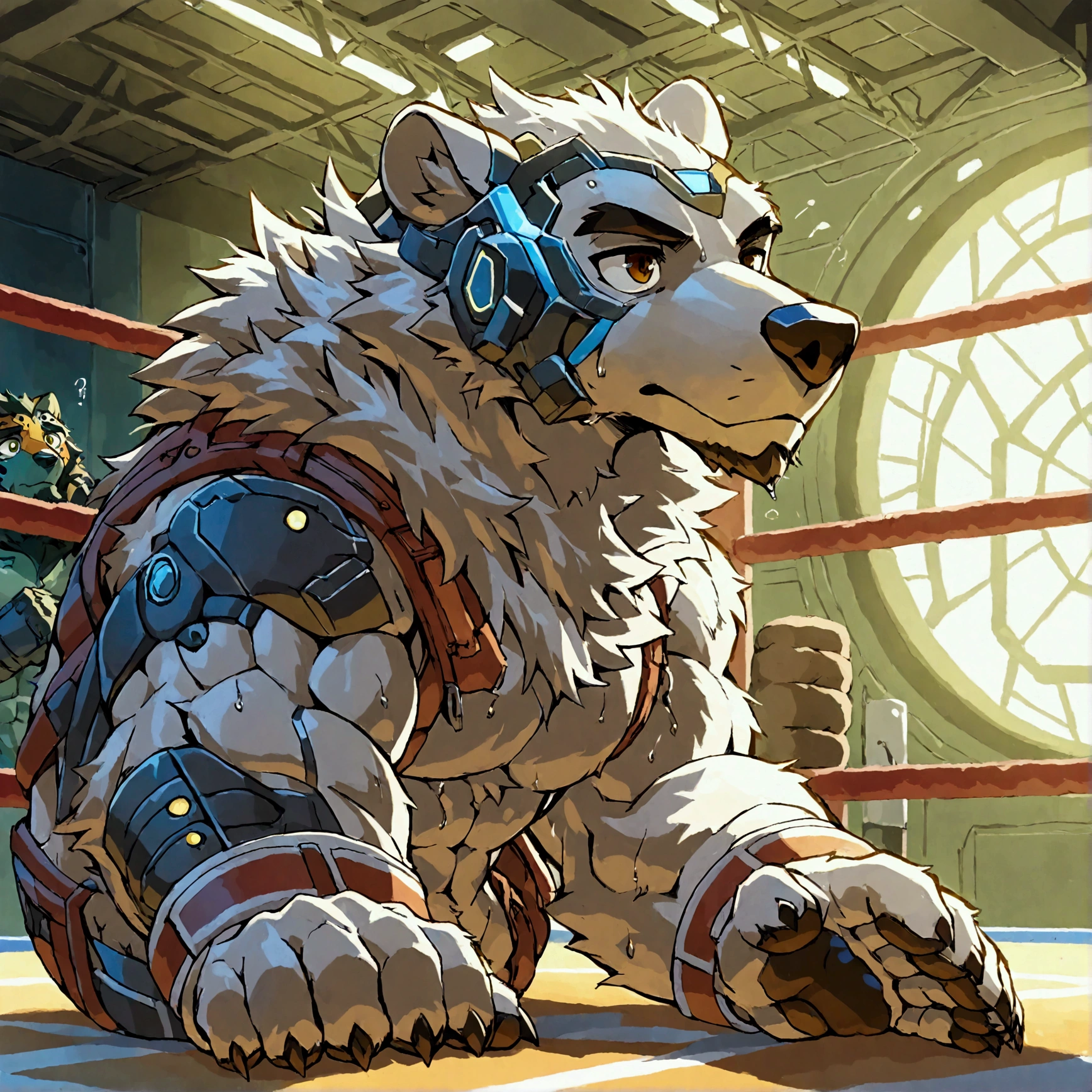 cyberpunk, boxer, a plump middle-aged polar bear man, full body in Michelangelo Buonarroti style, character focus, full body, looking away, dynamic angle, BREAK costume, headgear, sandbag, perfect composition, boxing, quantum electromagnetic life form spinning punch, dynamic pose, detailed painting landscape, morning, quantum electromagnetic life form atmosphere avant-garde gym, indoor, BREAK complete anatomy, perfect proportions, beautiful thigh gap, fluffy body, intricate fur details, beautiful fur texture, BREAK detailed polar bear 1tail, detailed toe, 5toes, 5toes nails, beautiful foot, BREAK detailed hands, 5fingers, 5fingers nails, BREAK aesthetic anime face, insanity detailed face, male face, big face, square jawline, aesthetic anime eyes, detailed brown eyes, detailed brown cornea, detailed dark brown irises, detailed pupils, male eyes, big eyes, male eyebrows, innocent look, beautiful beard, BREAK masterpiece, official art, best quality, very aesthetic, absurdres, super fine illustration, great quality, BREAK noise reduction, very highres, large filesize, high quality, 32K, 8k wallpaper, dynamic lighting, BREAK insanity detailed, ultra detailed, intricate details, extremely detailed, detailed texture, an extremely delicate and beautiful, full color, HDR, BREAK e621 illustration, osukemo, kemohomo, anthropomorphic, furry, cartoon, harmonious, pastoral, virtuous, futuristic atmosphere