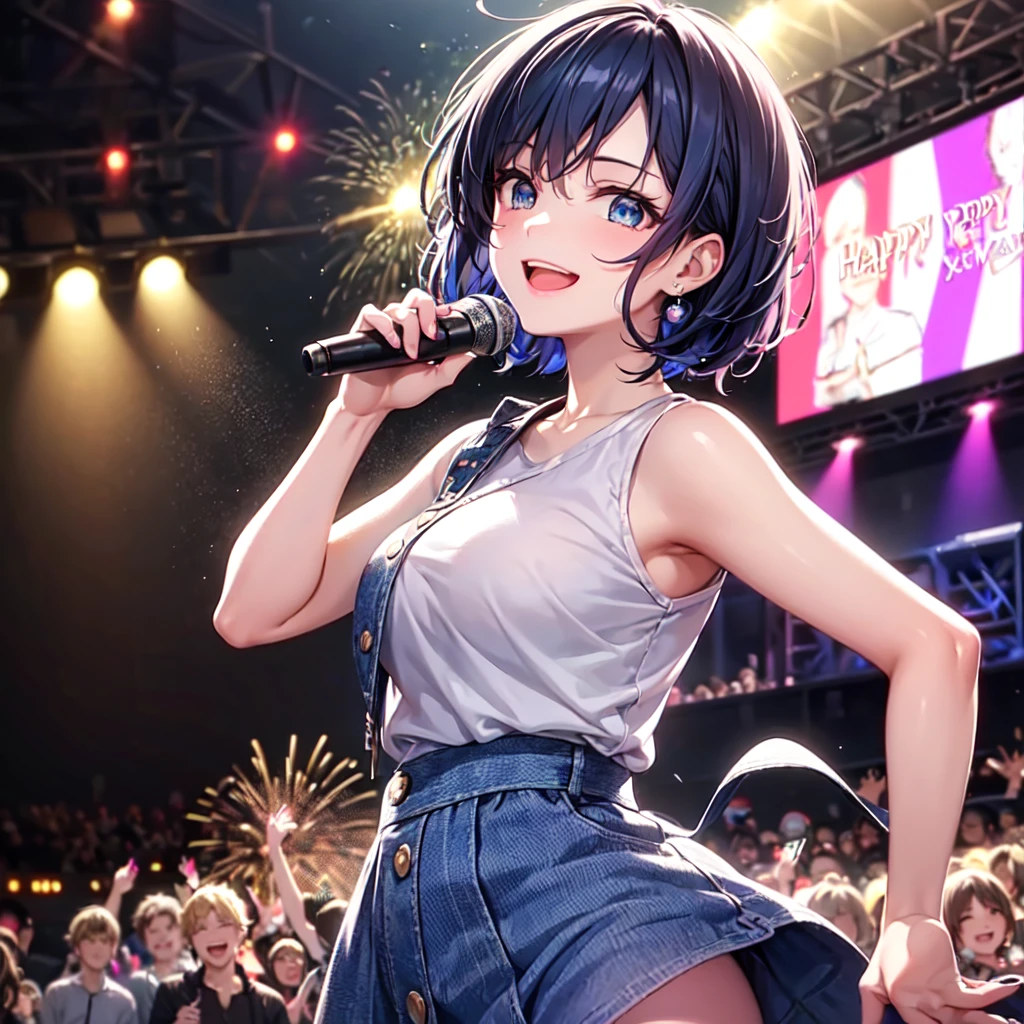 “A realistic illustration of a high school-aged idol singing on a vibrant New Year’s Eve concert stage. She is performing under bright spotlights and dynamic lighting effects, with ‘Happy New Year’ visuals displayed on large LED screens. The audience is waving colorful pen lights, creating an energetic and celebratory atmosphere.” blue haired short bob high school girl,Blue eyes,Casual wear,smile, close-up