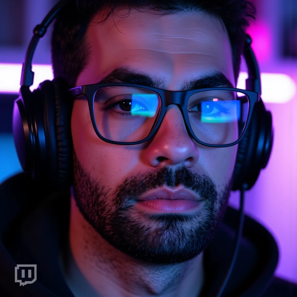 ((Masterpiece)), (ultra-detailed), (8k resolution), A dynamic **Twitch avatar** of **Pivalora2**, styled for a professional e-sports vibe. The composition features a close-up of **Pivalora2’s face**, wearing **black prescription glasses** with a sleek, modern frame that reflects faint **RGB lighting** from a professional gamer headset. His expression is confident and focused, showcasing the determined attitude of a competitive gamer.  

The background is minimal yet vibrant, incorporating a **blurred neon glow** in hues of blue and purple, inspired by the energetic ambiance of gaming arenas. The lighting is sharp and cinematic, with highlights on his glasses and headset for a polished, high-quality appearance. The design integrates a **subtle Twitch logo-inspired outline** or **stylized gamer tag (Pivalora2)**, placed at the bottom corner for branding.  

Perfect for Twitch use, this avatar blends professionalism with personality, capturing the essence of **e-sports competition** in a bold, engaging way. **(Twitch avatar, e-sports branding, RGB lighting, cinematic focus, neon accents, professional design)**.  