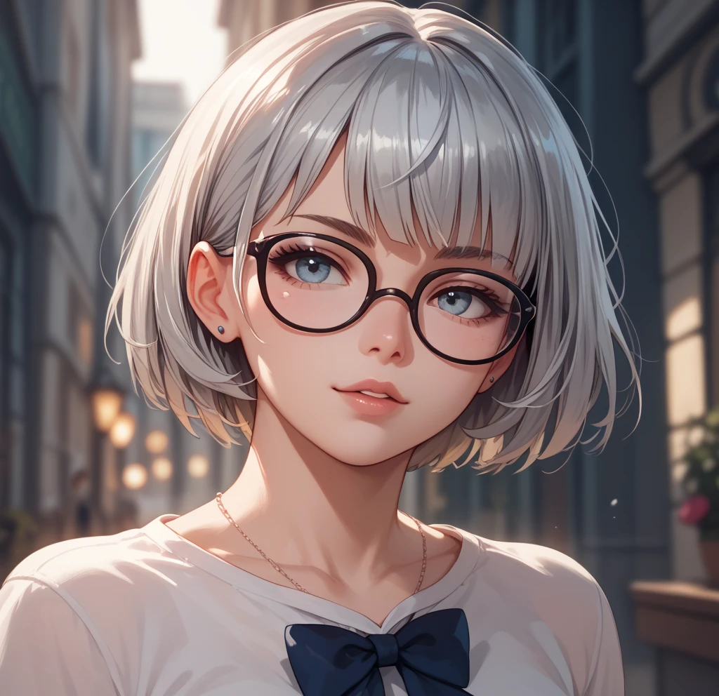 Masterpiece, best quality, high resolution, amazing details, 18 years old girl, short wavy white hair, choppy bangs, downturned lime green eyes, portrait, close-up, looking infront, looking at the camera, very fair skin, plain background, glassses, t shirt
