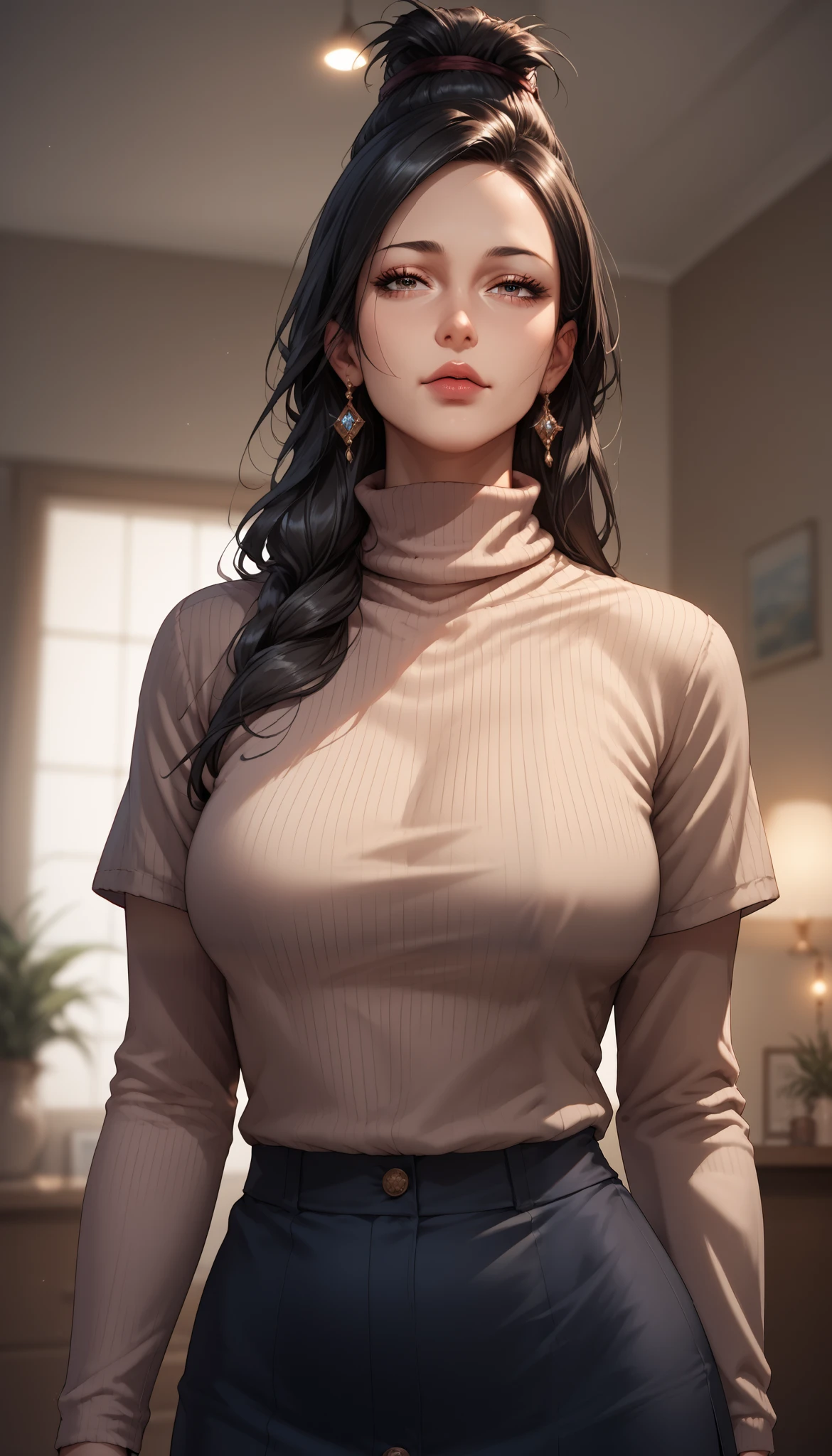 mother, milf, mature female, perfect face, perfect lighting,Black Hair、Straight Hair、Long hair tied in a low position、sexy female, High neck long sleeve ribbed knit T-shirt(loose)、Long maxi skirt, Sexy