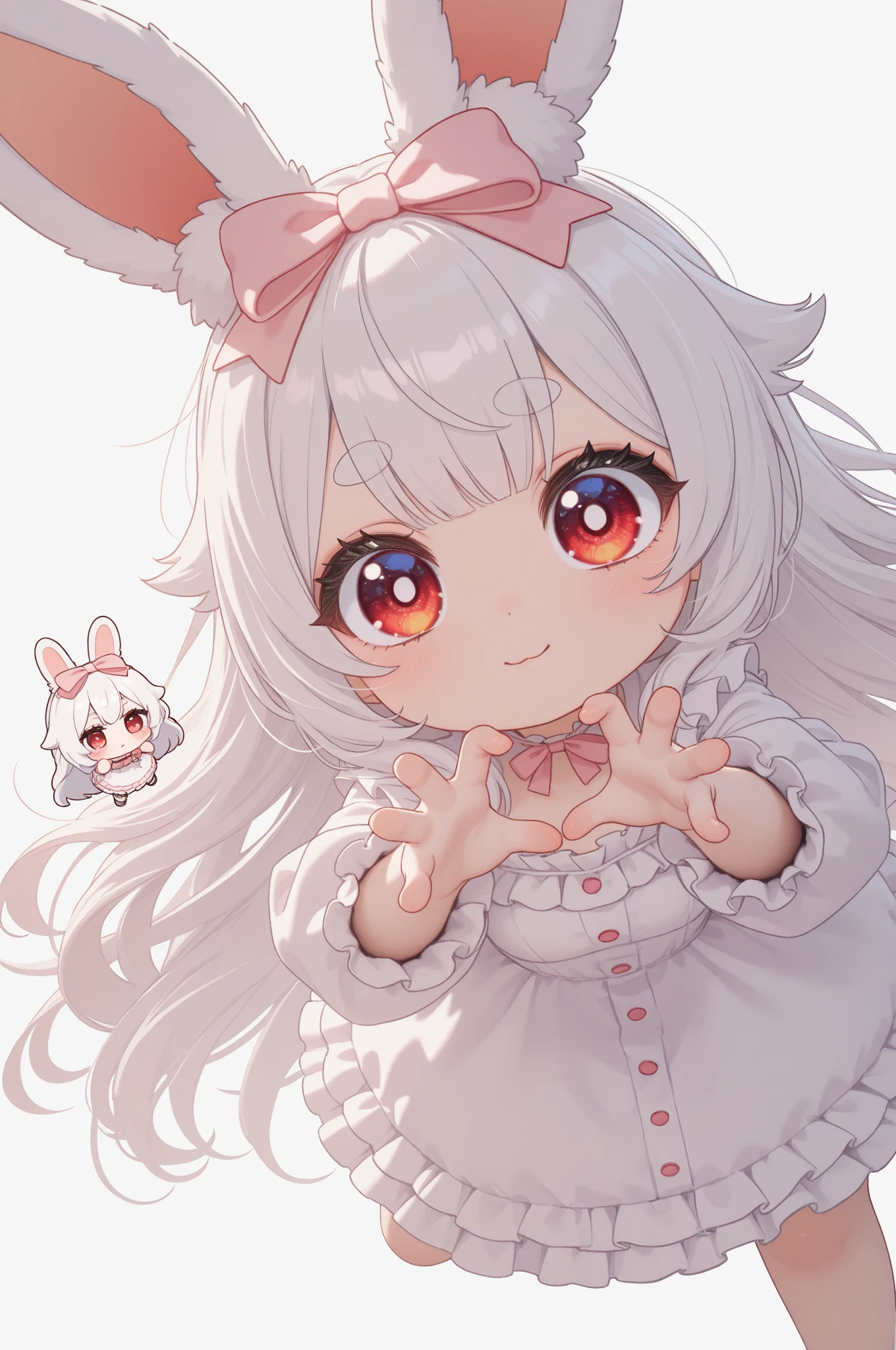 solo,1girl\((chibi:1.5),cute,kawaii,(white hair:1.4),(very long hair:1.6),bangs,(ear\(fluffy,white,rabbit-ear\):1.4),red eye,big eye,beautiful shiny eye,skin color white,big hairbow,(white frilled dress:1.3),breast,cute pose,cute hand sign\),background\(some roses,by the beautiful lake,((beautiful sunny day))\),,close-up girl,dynamic angle,3d,(((dynamic pose))),from above,masterpiece,best quality,newest,