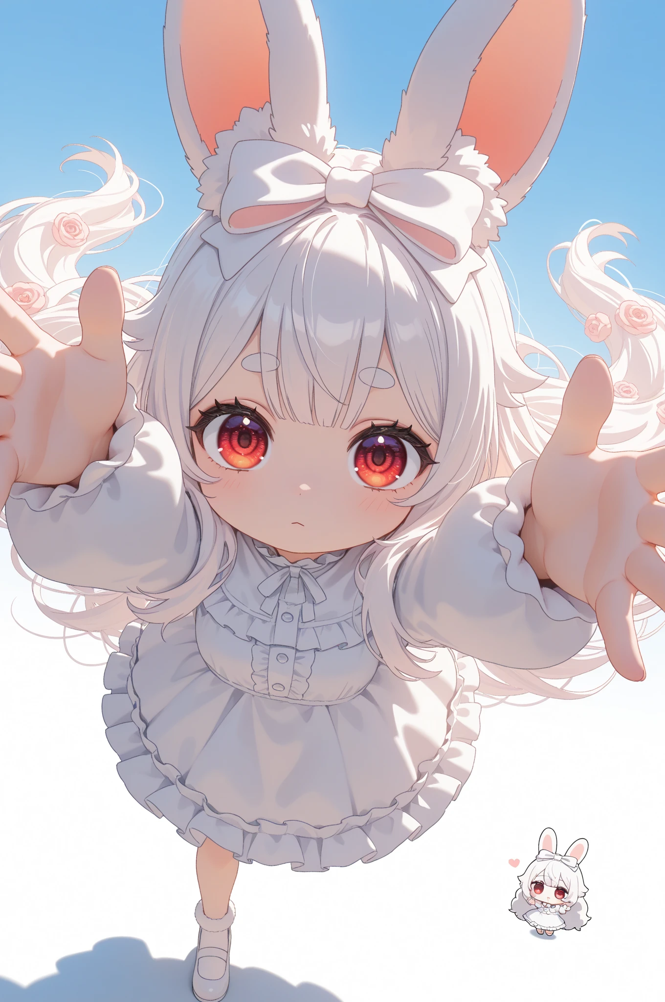 solo,1girl\((chibi:1.5),cute,kawaii,(white hair:1.4),(very long hair:1.6),bangs,(ear\(fluffy,white,rabbit-ear\):1.4),red eye,big eye,beautiful shiny eye,skin color white,big hairbow,(white frilled dress:1.3),breast,cute pose,cute hand sign\),background\(some roses,by the beautiful lake,((beautiful sunny day))\),,close-up girl,dynamic angle,3d,(((dynamic pose))),from above,masterpiece,best quality,newest,