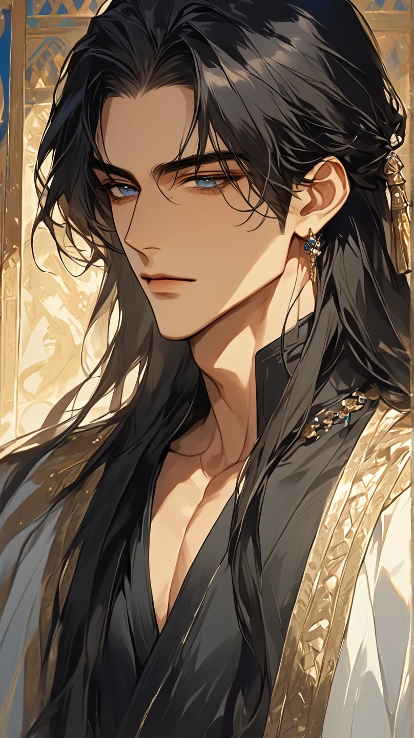 (score_9, score_8_up), long hair, masterpiece, best quality, 1 man , black hair , perfect face , blue eye , handsome male , Alone, adult male , delicate line drawingimpasto, masterpiece, high resolution, Top quality, unique , 1 male , nice , tanned skin , black haired, a sultan, Egypt, open clothes