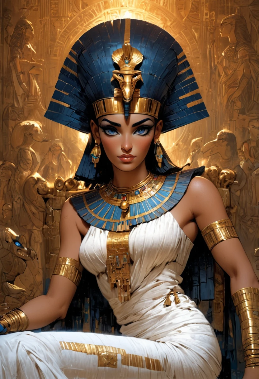 A stunning and regal depiction of Cleopatra, the ancient Egyptian queen, sitting on an ornate golden throne adorned with intricate hieroglyphs and jewels. She wears an elegant, flowing white linen dress with gold accents, an elaborate broad collar necklace, and a headdress featuring a cobra symbol (uraeus). Her makeup is bold, with dark kohl-lined eyes and vibrant blue eyeshadow. The background showcases grand marble pillars, rich draperies, and an atmosphere of luxury and power under the warm glow of torchlight. Cleopatra's expression is confident, wise, and captivating.