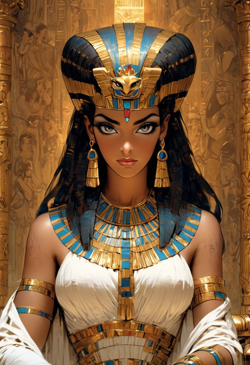 A stunning and regal depiction of Cleopatra, the ancient Egyptian queen, sitting on an ornate golden throne adorned with intricate hieroglyphs and jewels. She wears an elegant, flowing white linen dress with gold accents, an elaborate broad collar necklace, and a headdress featuring a cobra symbol (uraeus). Her makeup is bold, with dark kohl-lined eyes and vibrant blue eyeshadow. The background showcases grand marble pillars, rich draperies, and an atmosphere of luxury and power under the warm glow of torchlight. Cleopatra's expression is confident, wise, and captivating.