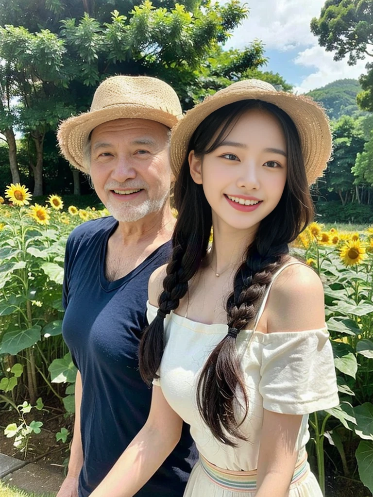 (A picture of a super cute Korean female college student duo wearing a straw hat and walking with their elderly grandpa:1.2)(Grinning,smile:1.3)(Mild wind climate :1.1)(16k,  RAW photos ,  top quality , masterpiece: 1.2),( Glossy Black Hair Braid Semi Long Bob Cut)  super detailed ,  Super Resolution, (Genuine, Genuine photos: 1.37),  portrait,  High Resolution RAW Color Photos ,  Pro Pictures,  very detailed, 8k wallpaper,  very detailed CG Unity 8k wallpaper, solo, very detailed beautiful girl,  very detailed faces, ((whole body)), beautiful woman,  huge breasts,(huge boobs:1.1) ( big boobs:1.1), ( camisole), Korean Girl,(Idol-level beautiful gal)(Beautiful girl:1.1)(A beautiful countryside in midsummer with sunflower fields spread out )(デート用のカワイイ camisole:1.1)(Perfect Makeup:1.1) (with old man:1.3)