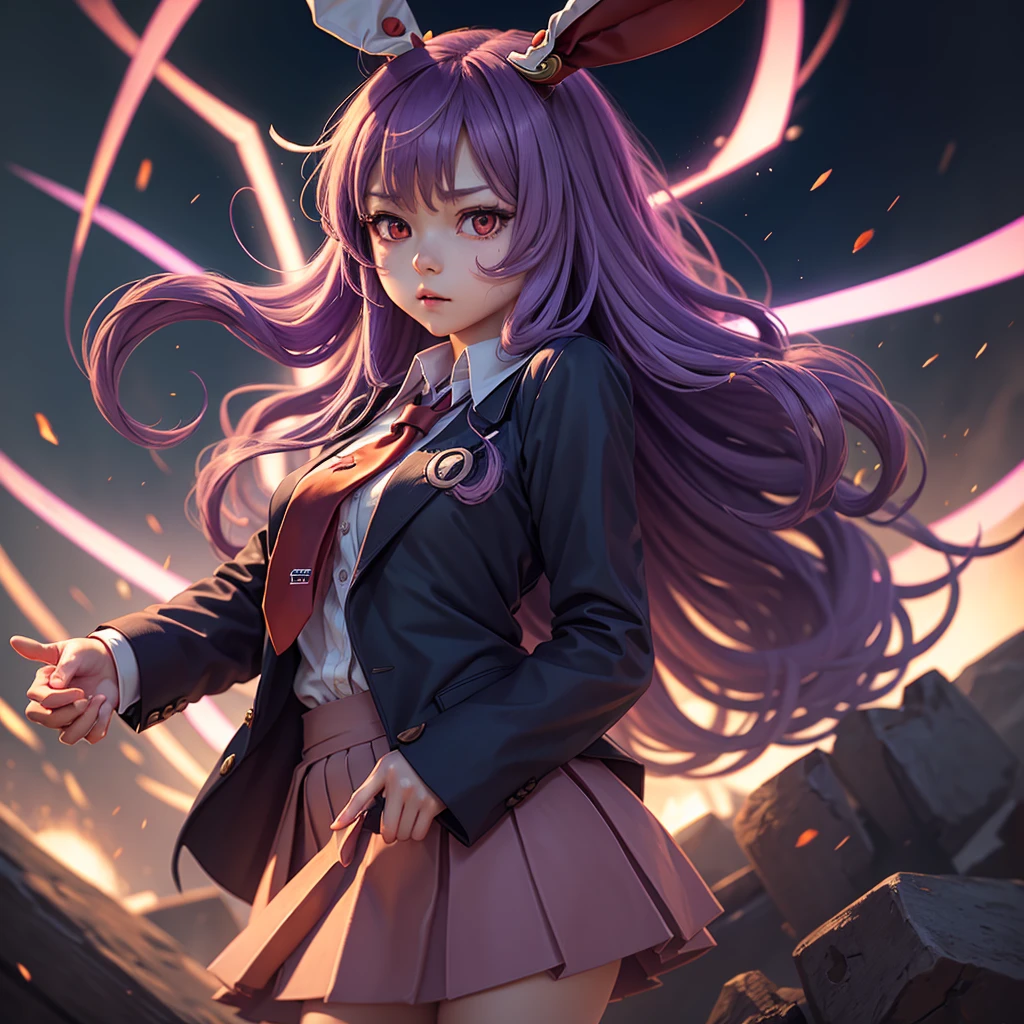 reisen_udongein_inaba, rating:safe, animal_ears, bunny_ears, 1girl, long_hair, necktie, skirt, solo, jacket, red_eyes, danmaku, purple_hair, very_long_hair, blazer, pleated_skirt, shirt, pointing, finger_gun, long_sleeves, red_neckwear