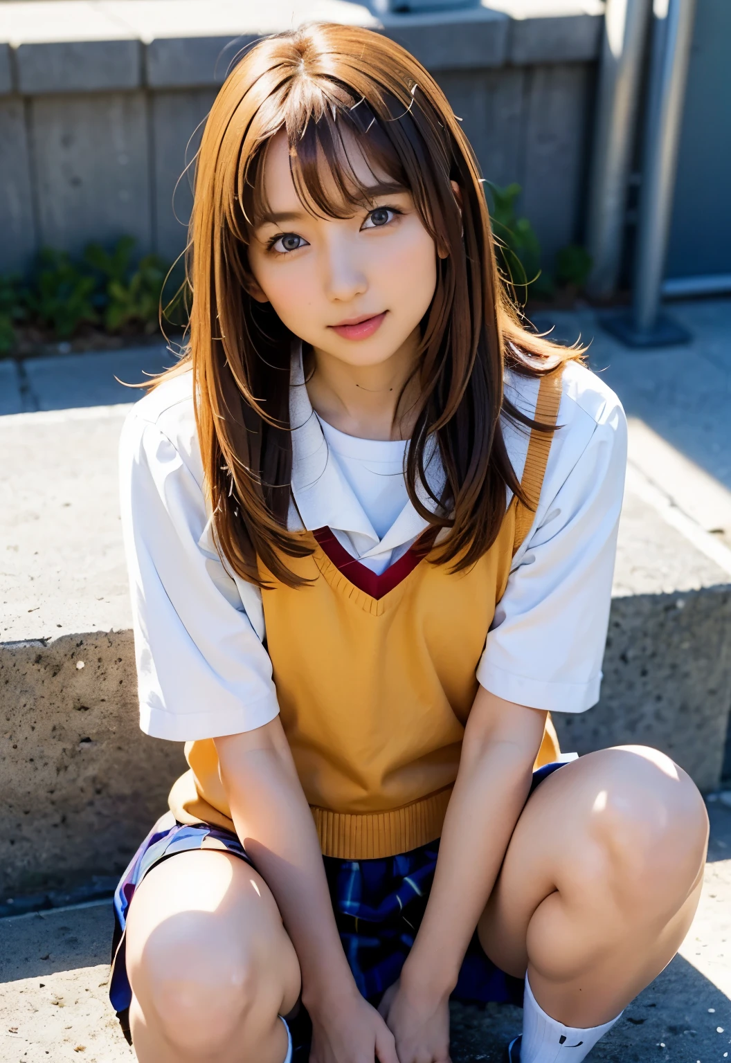 teens girl(​masterpiece:1.4)、(8K、realisitic、Raw photo、top-quality:1.4)、japanes、((Elementary school girl:1.3)), (sisters:1.3)、beauitful face、(Real Face:1.4)、(Caramel hair、long:1.3)、Beautiful hairstyle、realisticeyes、Beautiful Detail Eye、(Real Skin:1.3)、Beautiful skin、enticing、超A high resolution、A hyper-realistic、high-detail、the golden ratio、High School Girl Uniform Skirt、Pubic area visible、sit on stairs、((Bend your knees and open your legs))、frontage