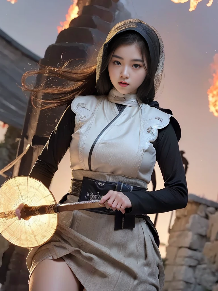 front view,(The knight Mulan wears a phoenix helmet,Wearing dark red armor,Wielding a long sword),(full bodyesbian),(shelmet),(Mulan wields her sword:1.3),(A very long, thick sword:0.8),Slash pose,Flashing with cold light,(The hilt of the sword is engraved with a beautiful dragon carving),Very long hair, Black hair, Big black eyes, Long eyelashes, Sexy red lips, Resolute expression, (perfect hand), (The upper body wears dark blue armor made of fish scales and iron sheets), (The armor was also inlaid with golden stars), (Red skirt:1.2), (The skirt part is floral embroidery:1.2), (The cloak is decorated in black and gold), disney movie《Mulan》, swordsmen,Kungfu,Chinese costume,Background embroidery: (Scarlet night sky,) (A round of the moon,)(Red Phoenix:1.1)Jupiter,Recife,Sand and foam are swirling,Blue gas vortex, swirling sand and foam, dust kicked up,Such as foam,Rivers of blood flow, (dead tree),(cawing ravens), {{Masterpiece}}, {{{Best quality}}}, {{Ultra-detailed}}, {{{illustration}}}, {{Disheveled hair}},Clear facial features,C4D Rendering,,Look up,3Drenderingof