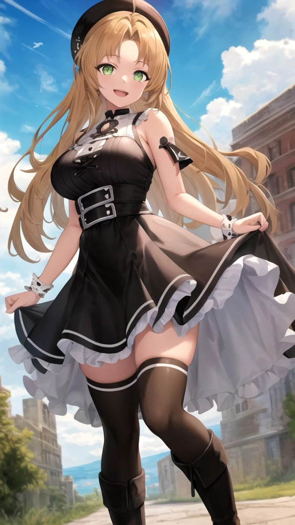 最high quality、best image quality、masterpiece、girl((18-year-old、 By becoming、vest bust、medium bust,wide open breast tea、red glowing eyes, blonde、messy hair、long hair、thin,highest valley、Show the whole body、white dress、open chest、White wristband、red shoes、sexy、smile、Leaning forward、rose hair ornament、Holding a handgun、Whole body return blood)),high quality、beautiful art、background((City of night、dark road))、Flight、debris flies、Depth of written boundary、movie、visual art、perfect art、8K,genuine、