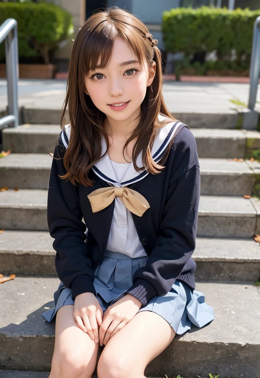 teens girl(​masterpiece:1.4)、(8K、realisitic、Raw photo、top-quality:1.4)、japanes、((Elementary school girl:1.3)), (sisters:1.3)、beauitful face、(Real Face:1.4)、(Caramel hair、long:1.3)、Beautiful hairstyle、realisticeyes、Beautiful Detail Eye、(Real Skin:1.3)、Beautiful skin、enticing、超A high resolution、A hyper-realistic、high-detail、the golden ratio、High School Girl Uniform Skirt、Pubic area visible、sit on stairs、((Bend your knees and open your legs))、frontage