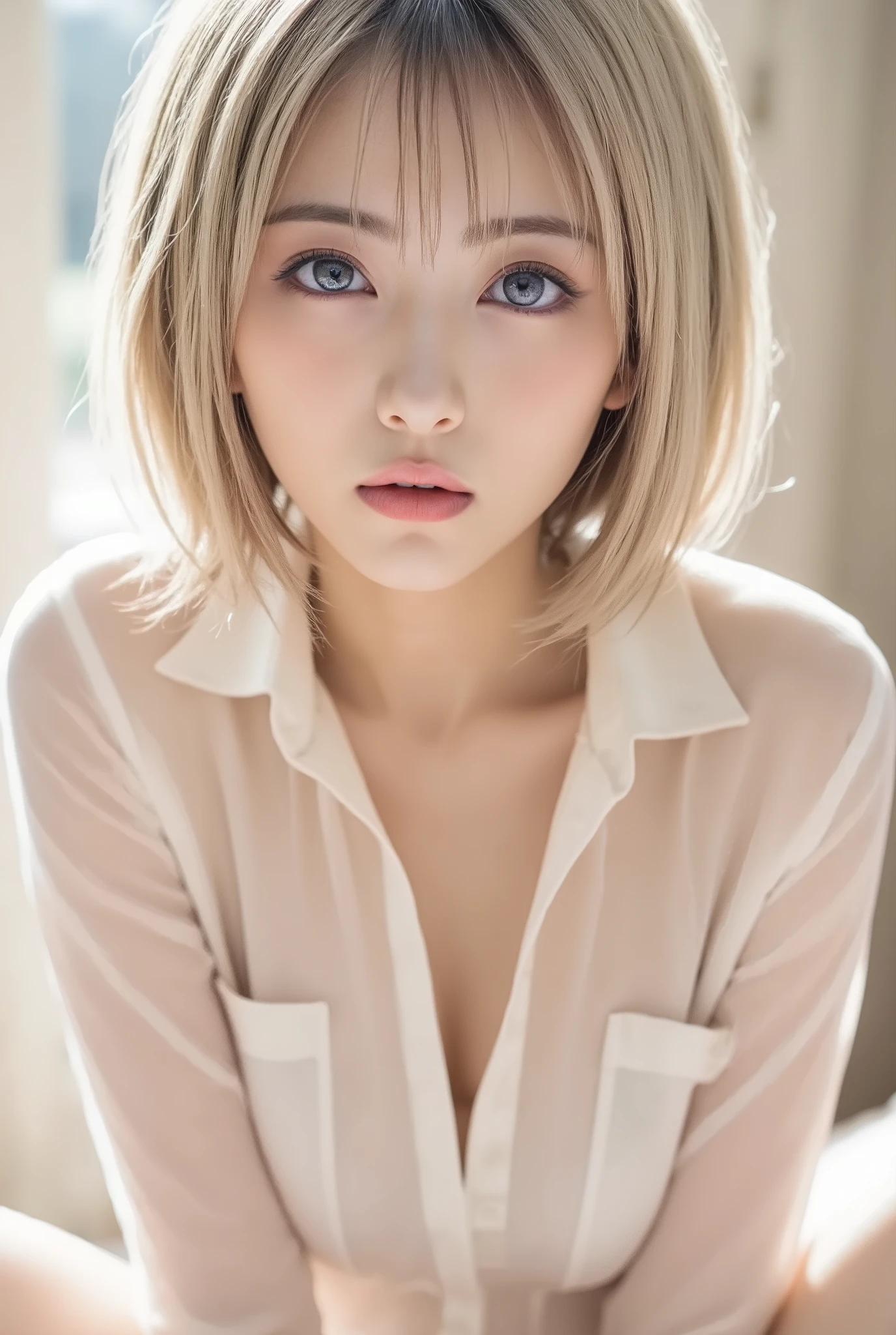(8k, photorealistic, RAW photos , highest image quality taken by Ki : 1.4), Japanese idol style beauty ,1,( short bob ),( Silver Hair),Tuck your hair over your ears,Clear grey eyes, has long eyelashes, fine skin,Beautiful Makeup,cheek( healthy skin),lips( plump),(透けたシルクの shortsを着ていた, I have removed all the buttons , the collar is lowered to the shoulders , I'm showing my bare skin.(No.)),( My shoulders are visible 、 the chest is wide open .(Off-the-shoulder bra:1.4)), shorts、get up.Sitting in bed,Hold your chest、 my hands are on my feet , staring at the camera, the morning sun shines on her face , the scenery of the rising sun shining through the window