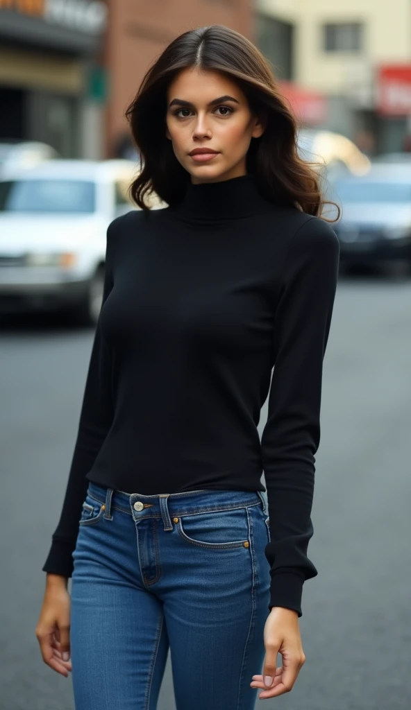 a beautiful woman wearing a turtle neck and jeans, standing, looking for har car