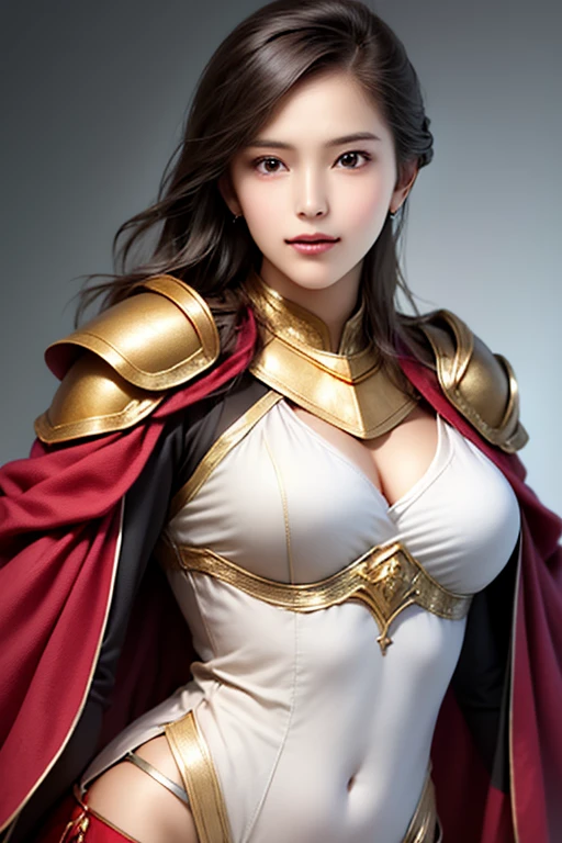 ((The upper body of a female warrior wearing gold and red light armor and a cloak:1.5)),1 person,  black hair,  belly shortcut   ,Big breasts and cleavage,  high-definition face and skin texture  ,  staring at the camera,   Chinese Warrior:1.2,  perfect beauty: 1.4, fine grain,  double eyelids in a judo suit ,  whitening for women with bristles, top quality ,  super high res ,  simple background，Symmetrical Normal Eyes   , hair accessories, Slim Waist ,((great general)),