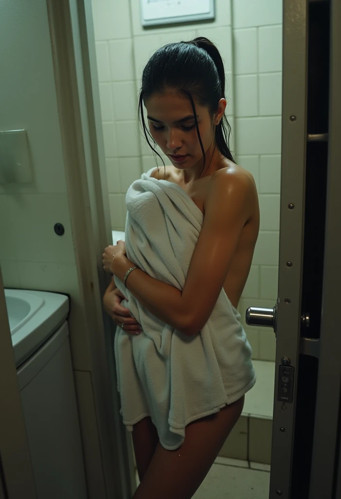 Prompt : Realistic Photo Indonesia teenage girl From the school bathroom Showering Wear a Bath Towel is wet from the shower water Closing the door of the School bathroom Ashamed Very embarrassed