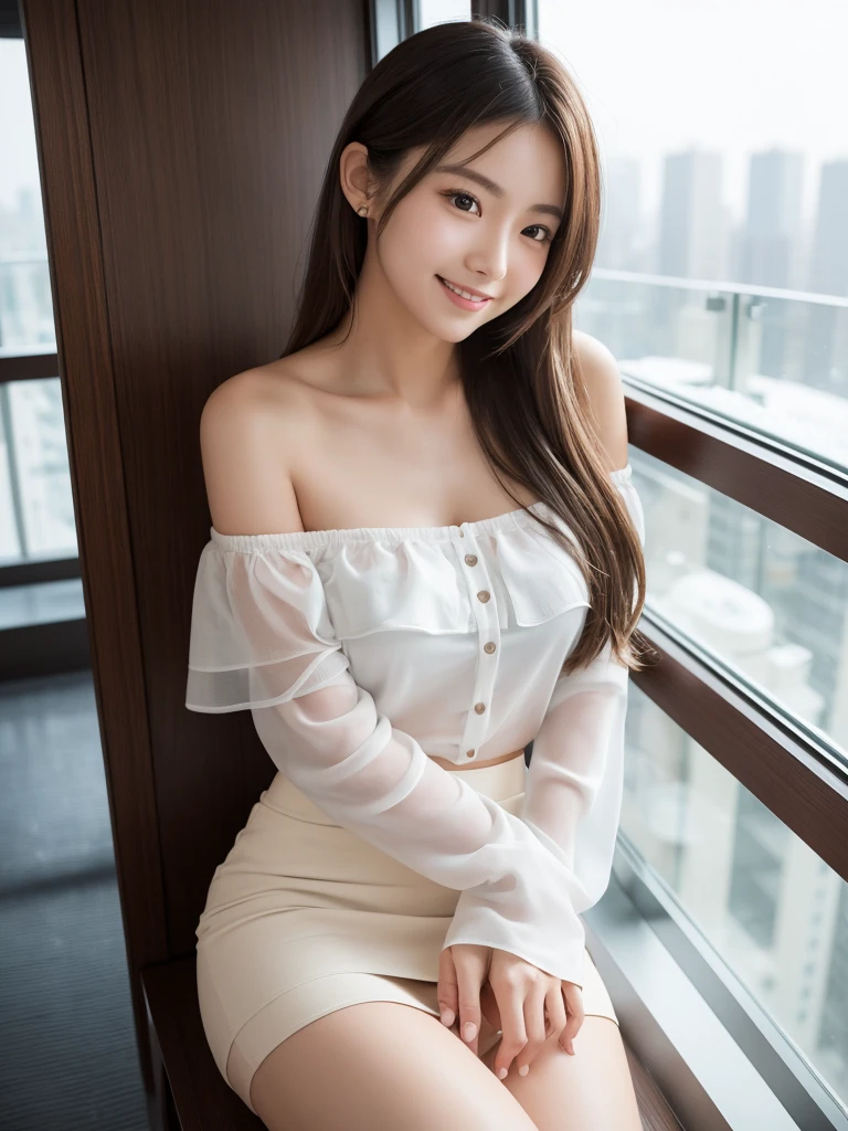 very beautiful young lady,Sitting on the sofa on the hotel balcony