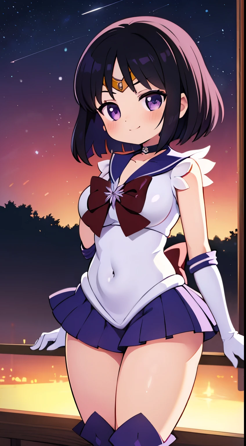 (masterpiece:1.2, best quality:1.2), ((shiratama)), R15, highres, (extremely detailed), (intricate), (beautiful dentaled glow:1.2), sunset, gradient sky, space, cinematic lighting, (pixiv), 1girl, (8k, HD, portrait, cowboy shot, anime, 4k, novel illumination), soft outline, (perfect quality:1.2), bangs
BREAK (tomoe hotaru, sailor saturn), purple eyes, purple hair, short hair,
BREAK back bow, purple bow, purple choker, purple sailor collar, purple skirt, bow, choker, earring, tiara, white gloves, jewelry, magical girl, large breast, collarbone, (white leotard), miniskirt, sailor collar, sailor senshi uniform, boots, (sleeveless), (see-through), (skindentation:1.2), (steaming body:1.2), (bare shoulders, bare hip, thighs, covered navel)
BREAK (perfect anomary, perfect hand), (perfect cute face:1.4), (perfect clothes, perfect body), long feet, night, (sky:1.2), heavy breathing, ((in front), energy, NFSW)