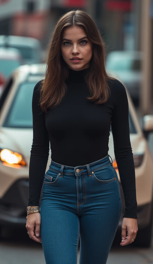 a beautiful woman wearing a turtle neck and jeans, standing, looking for har car