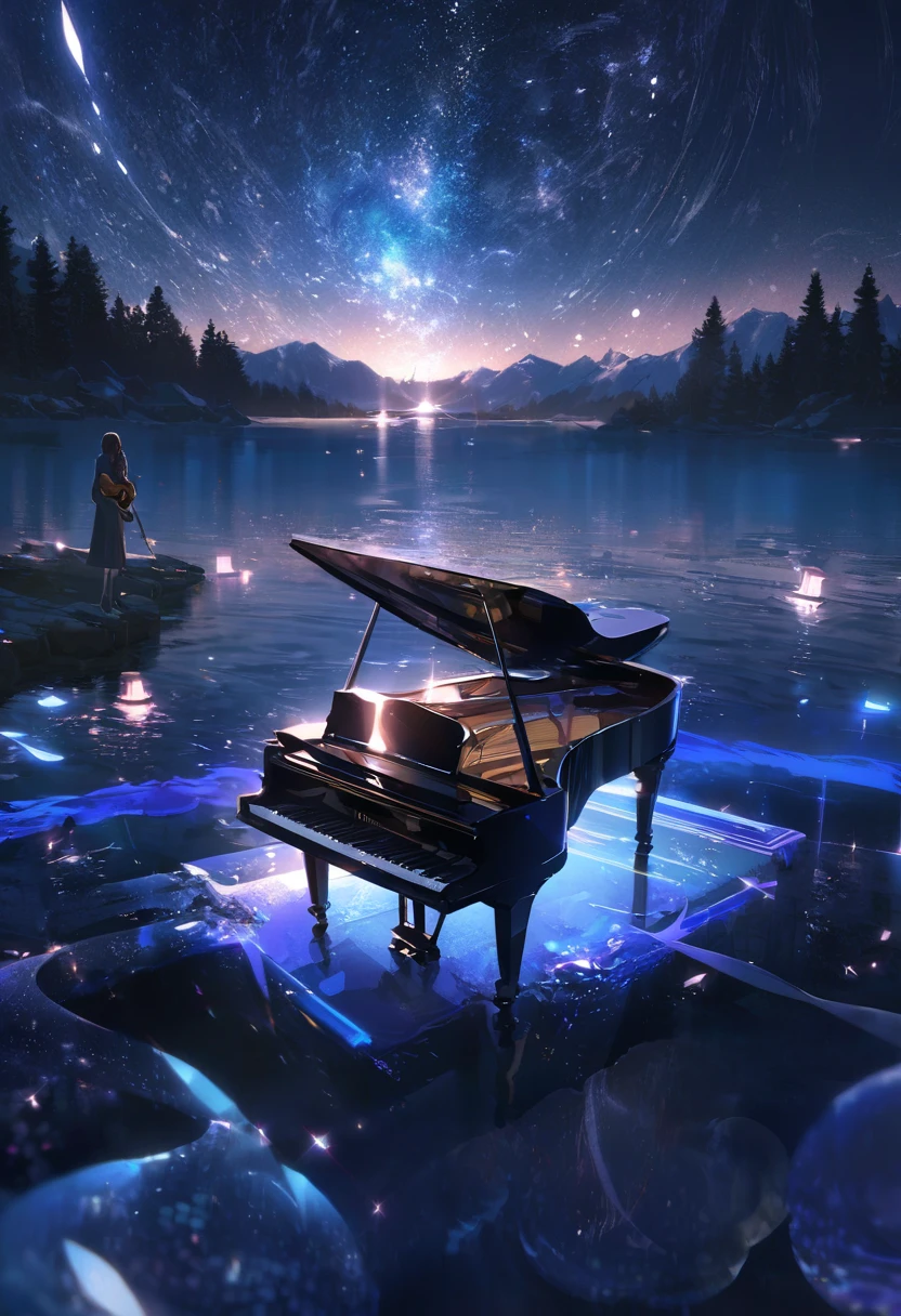 night、Endless lakes、星がいっぱいのnight空、Grand piano on the lake、Illuminated grand piano、Best image quality、theory、Beauty、Headphones