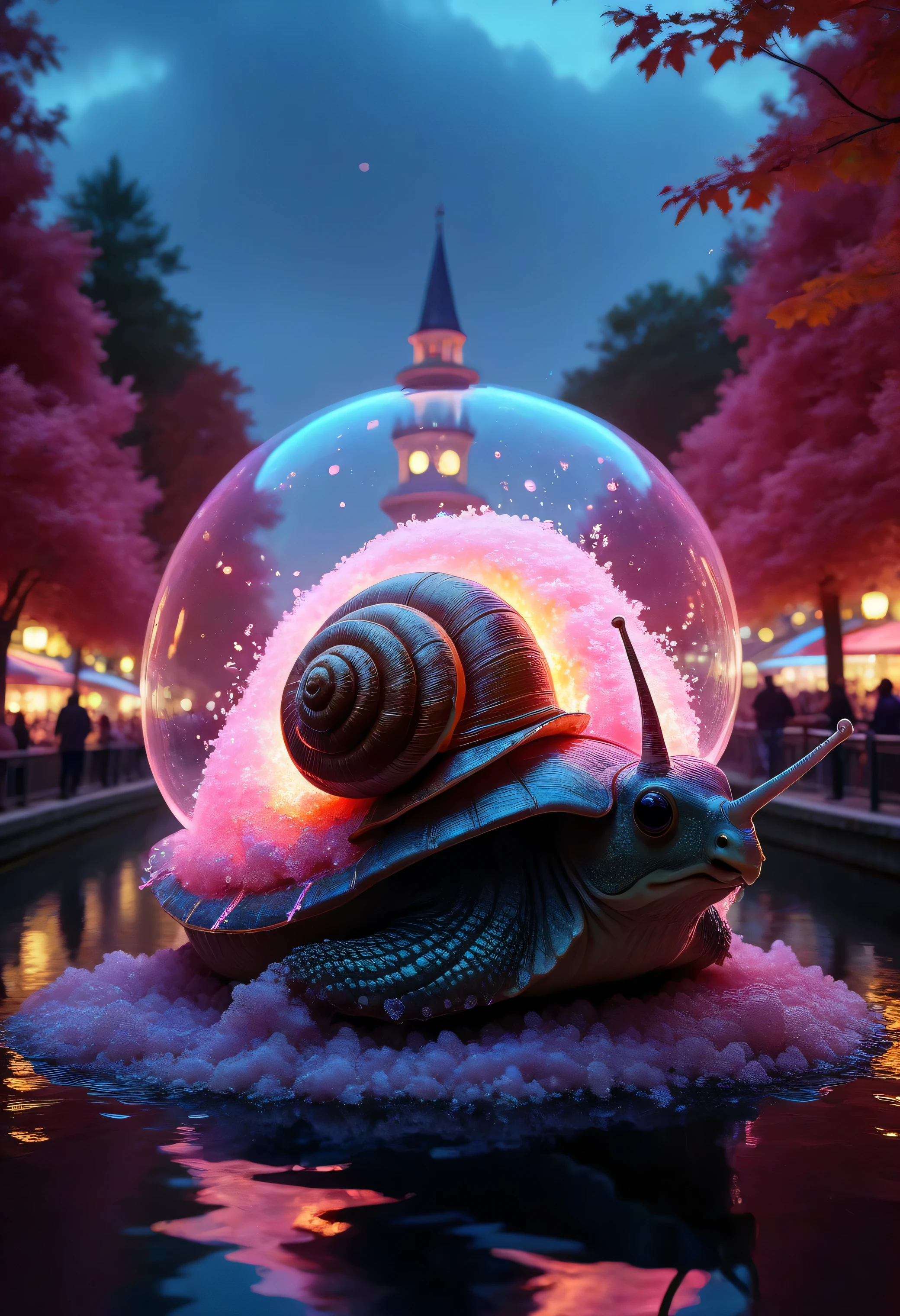 safe_pos, (score_9, score_8_up:1.1), score_7_up, photorealistic, colorful                                           A colossal snail wearing a futuristic helmet glides over a floating island made of candy floss, surrounded by neon-colored trees that emit bioluminescent spores, under a sky filled with swirling galaxies and a giant clock melting into a river of honey.,                                            absurdres, masterpiece,, Expressiveh choker, flux-style ((masterpiece, Highest quality, Best image quality, High resolution, Realistic, RAW Photos, 8k, Highly detailed)) 4lch3my_l4b CyberRealistic_Negative_PONY