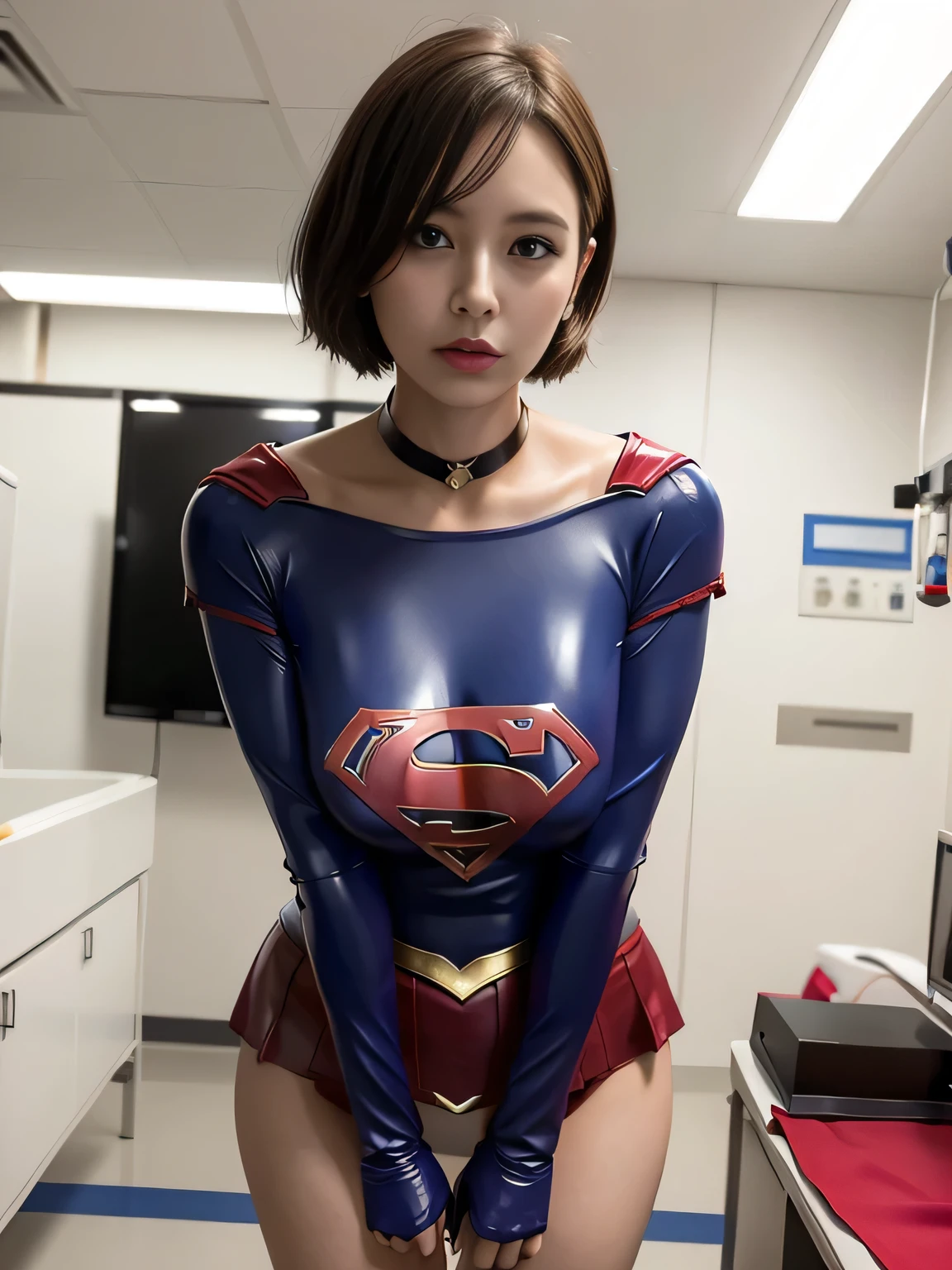 masterpiece、Enamel Supergirl Costume、Short Hair、Hospital operating table、Crisis situation、Big and ample breasts、looking at the camera、Shiny、Off the shoulder、choker、Long sleeve、Red exy poses to seduce、Sweaty、Model Body Type、Alluring、charm、Enchanting、Abused、test subject、victim、Wild、Photorealistic、latex、