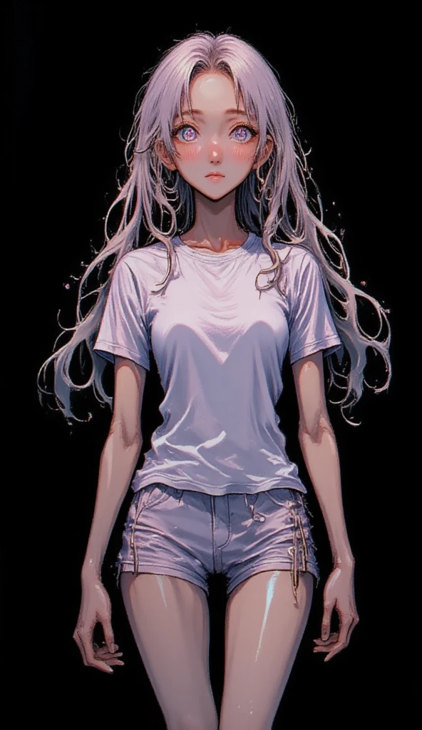 
> A full-body portrait of a young Korean woman with an otherworldly appearance, standing against a solid black background. Her long, cascading white hair flows gracefully down to her feet, shimmering with a subtle iridescent glow, as if illuminated by an unseen light source. The hair appears weightless, gently swaying as though caught in a soft, invisible breeze. Her facial features are delicate and refined, with a pale, flawless complexion that contrasts strikingly with her glowing lilac eyes, which radiate a soft, incandescent light, drawing the viewer into their mysterious depths.  

> She has a slender and athletic build, with medium-sized, slightly pointed breasts that add a natural curve to her figure. Her long, toned legs are graceful and slim, giving her a statuesque appearance. She is dressed in a slightly provocative yet sporty school gym uniform: a snug white t-shirt with short sleeves that clings lightly to her torso, damp with sweat, revealing hints of exertion. The matching shorts are short and form-fitting, emphasizing her curves and athletic form. Her white sneakers are sleek and sporty, paired with white ankle socks, completing the gym attire.  

> Her skin glistens with a light sheen of sweat, particularly noticeable on her forehead, neck, and arms, capturing the realism of physical effort. Her expression reflects exhaustion, with slightly flushed cheeks and strands of hair sticking to her skin due to sweat. Subtle details such as beads of sweat rolling down her temples and her slightly open mouth as she catches her breath enhance the sense of realism.  

> The background is pure black.

Estilo anime 32k, HDR,  UHD. 