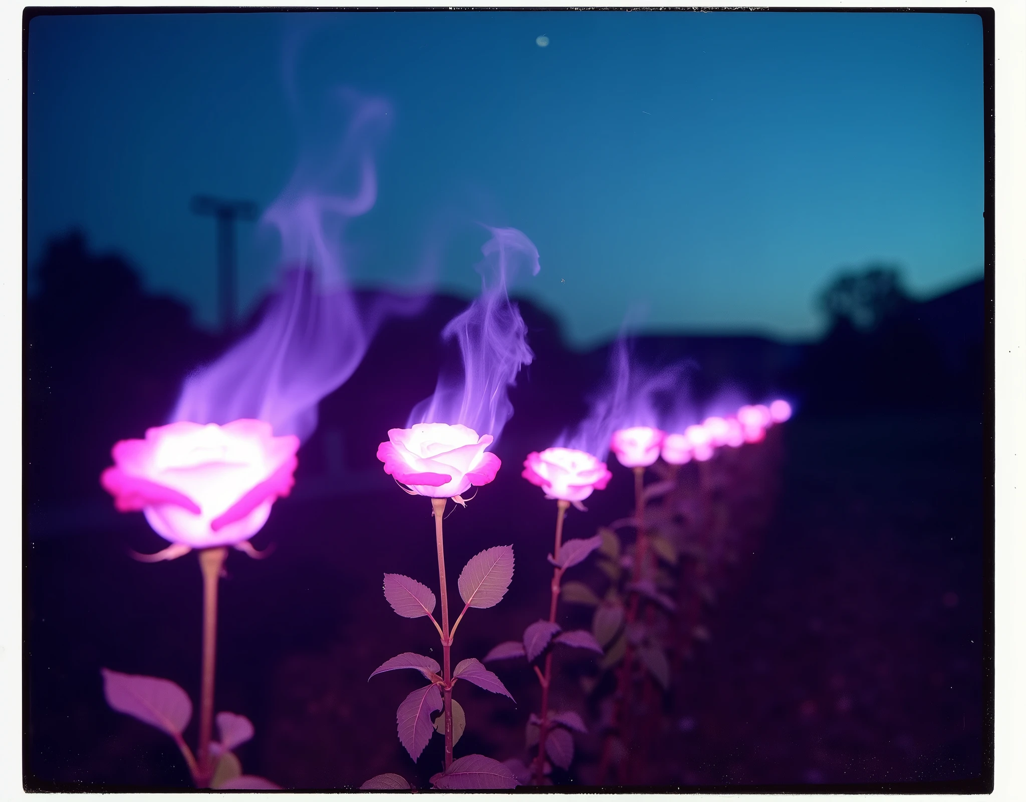 polaroid film analog photo of an ambient outdoor landscape with a row of Rose flowers with petals engulfed in vivid purple flames with smoke rising from burning petals and flames casting bright purple light onto the dark environment seen in a field with a night setting and moody lighting, a dramatic contrast between glowing fire and shadows, The sky is clear with some stars, casting a slightly muted but vibrant dark blue light over the entire view, indicating a calm,atmosphere. The photograph is of amateur quality, slight dull, moody colors, giving a sense of nostalgia and stillness to the photo, flash photography, candid photo