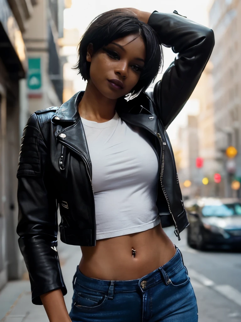 portrait photo of sexy woman in a , (african female, short black hair, athletic body, medium breasts size, brown eyes, makeup, beauty skin: 1.3), (smile), (masterpiece, best quality, intricate details, highly detailed:1.2), close up photo of a mature woman, (dark skin: 1.5), (short leather jacket, jeans:1.2), thighs, cleavage, sagging breast, slender waist, swanking, in a city, sunlight, bokeh