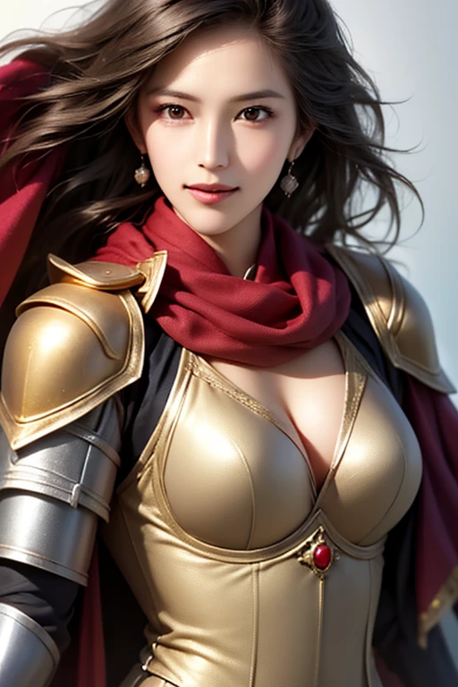 ((The upper body of a female warrior wearing gold and red light armor and a cloak:1.5)),1 person,  black hair,  belly shortcut   ,Big breasts and cleavage,  high-definition face and skin texture  ,  staring at the camera,   Chinese Warrior:1.2,  perfect beauty: 1.4, fine grain,  double eyelids in a judo suit ,  whitening for women with bristles, top quality ,  super high res ,  simple background，Symmetrical Normal Eyes   , hair accessories, Slim Waist ,((great general)),