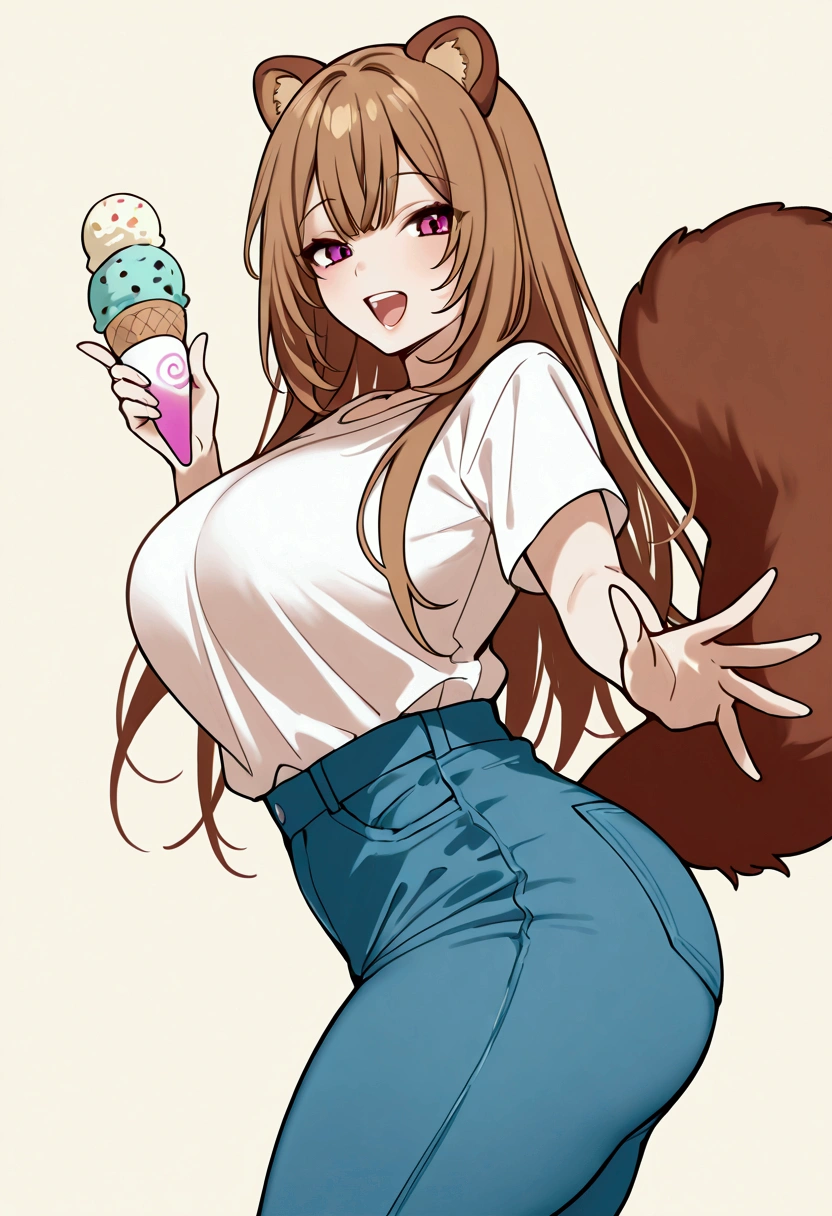 Solo, girl, raphtalia from tate no yuuya, raccoon ears, beautiful look, smile, open mouth, teeth,, big breasts, tshirt, right blue jeans, long hair, light brown, bangs, fluffy tail raccoon, waving tail excited, looking at viewer,enjoy an ice cream, beautiful thighs, beautiful waist, high quality, from the side, feminine, perfect, real world, avenue