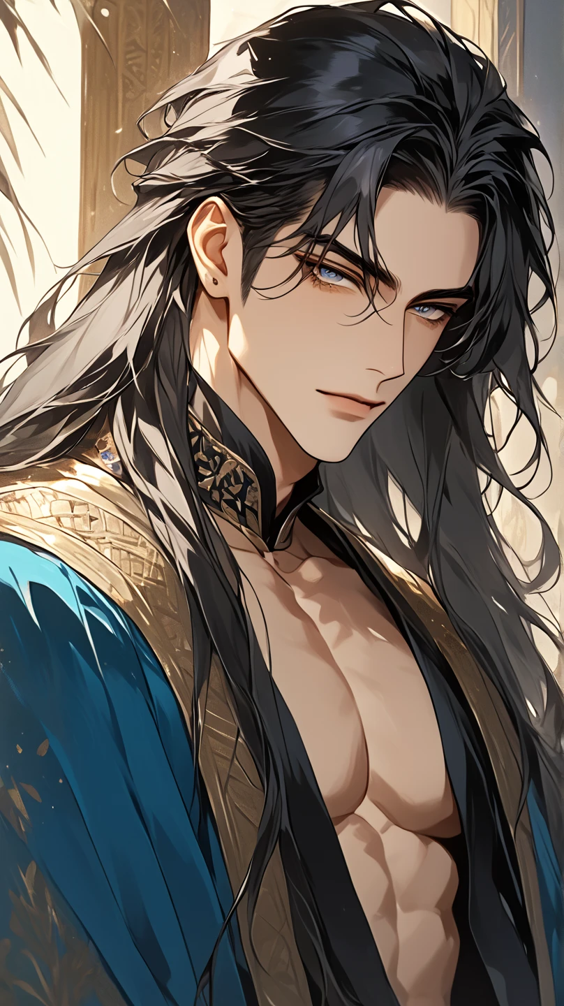 (score_9, score_8_up), long hair, masterpiece, best quality, 1 man , black-Silver hair , perfect face , blue eye , handsome male , Alone, adult male , delicate line drawingimpasto, masterpiece, high resolution, Top quality, unique , 1 male , nice , tanned skin , black haired, a sultan, Egypt, open clothes