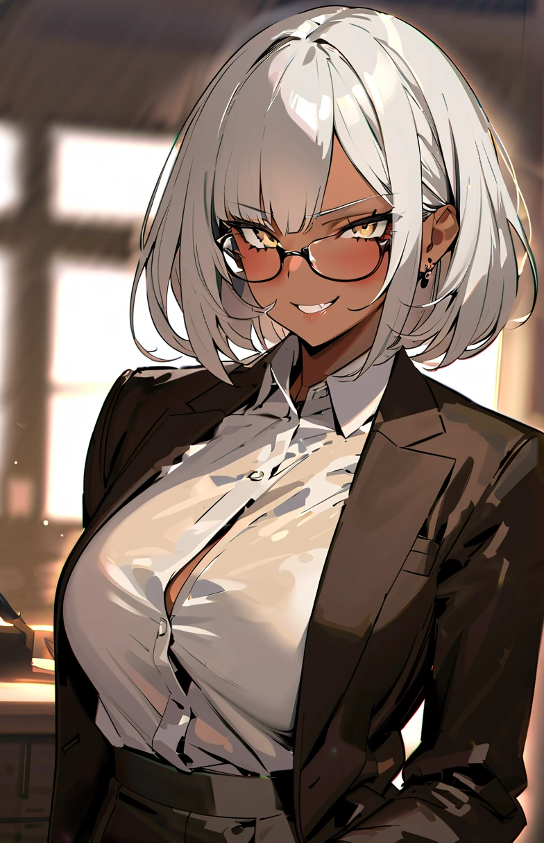 ( top quality 、​masterpiece:1.2) 1 Female、adult、(( dark skinned woman 、Long white short hair、Hair over the ears))  golden eyes、Glasses、(( business suit、 Black Tailored Jacket、 white shirt、 black pant suit )) (Office Background) (Malicious look、 vulgar smile)