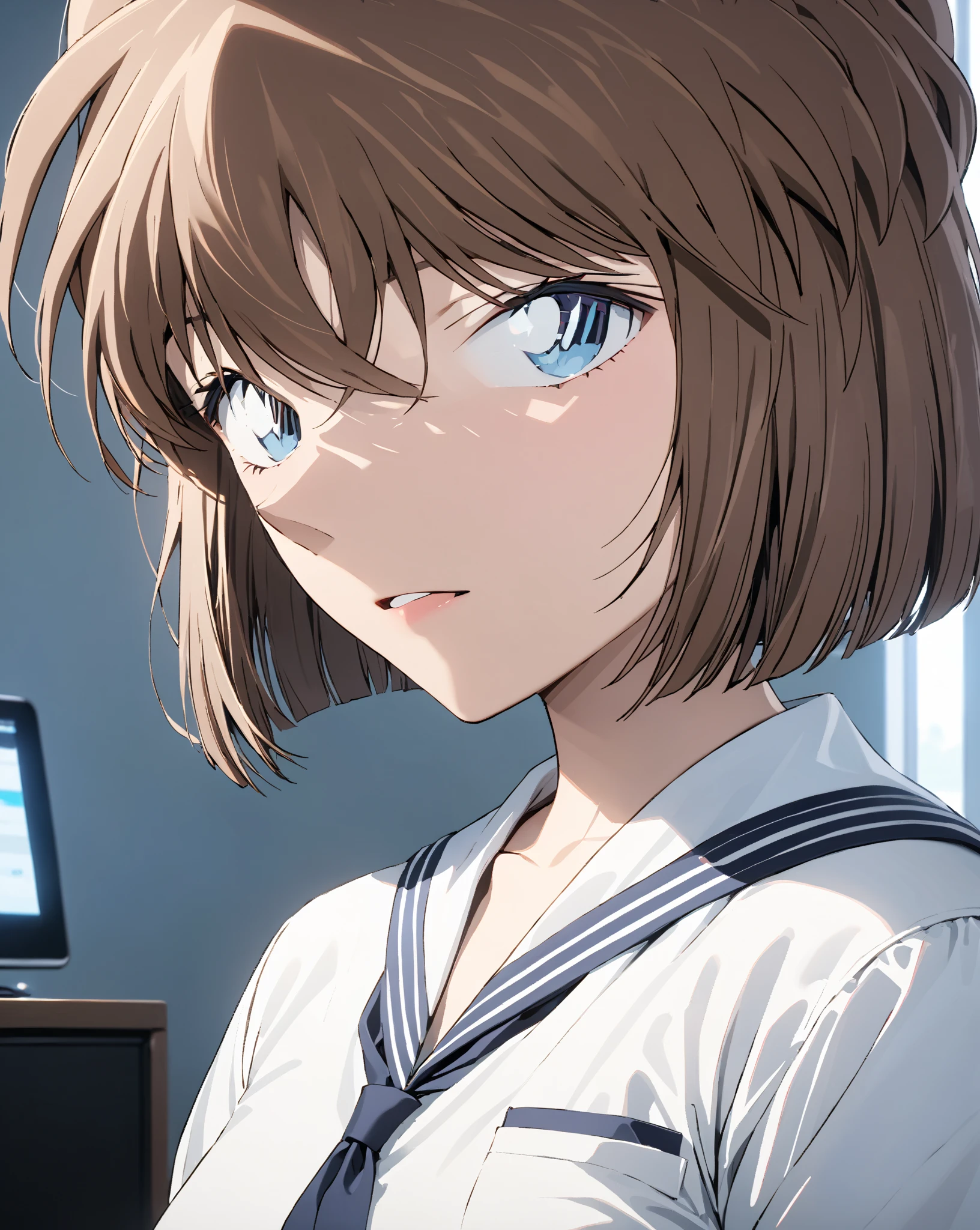 (Haibara Ai),  brown hair,  high school girl, masterpiece:1.5, masterpiece, highest quality, UHD, retina, masterpiece, accurate anatomy, super detailed, high quality, best quality, 8k