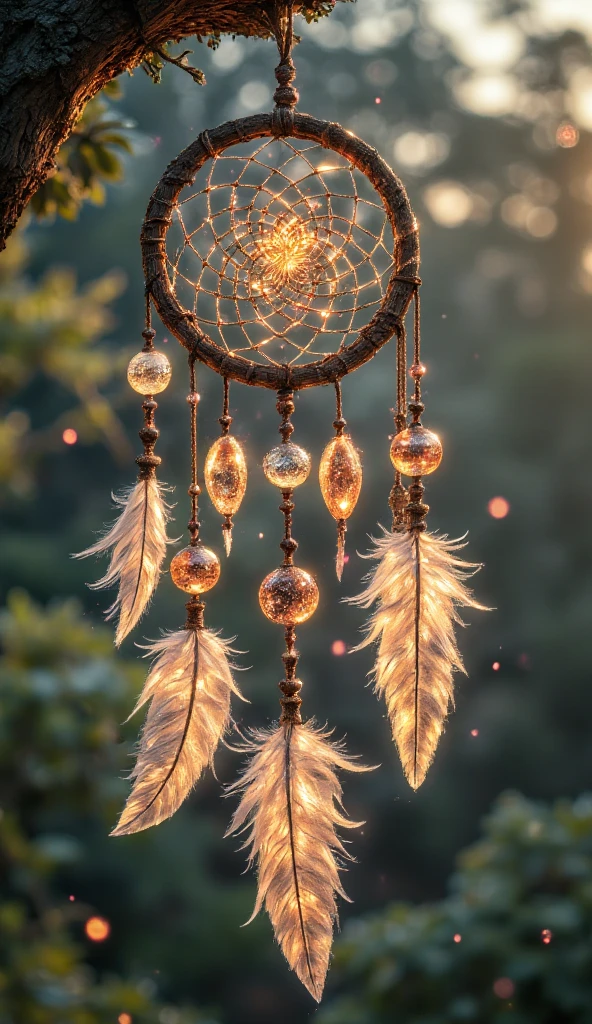 Intricate details of a dreamcatcher, feathers and beads, macro photography, natural light, high detail, soft background blur  , aidmaglow