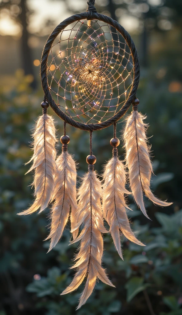 Intricate details of a dreamcatcher, feathers and beads, macro photography, natural light, high detail, soft background blur  , aidmaglow