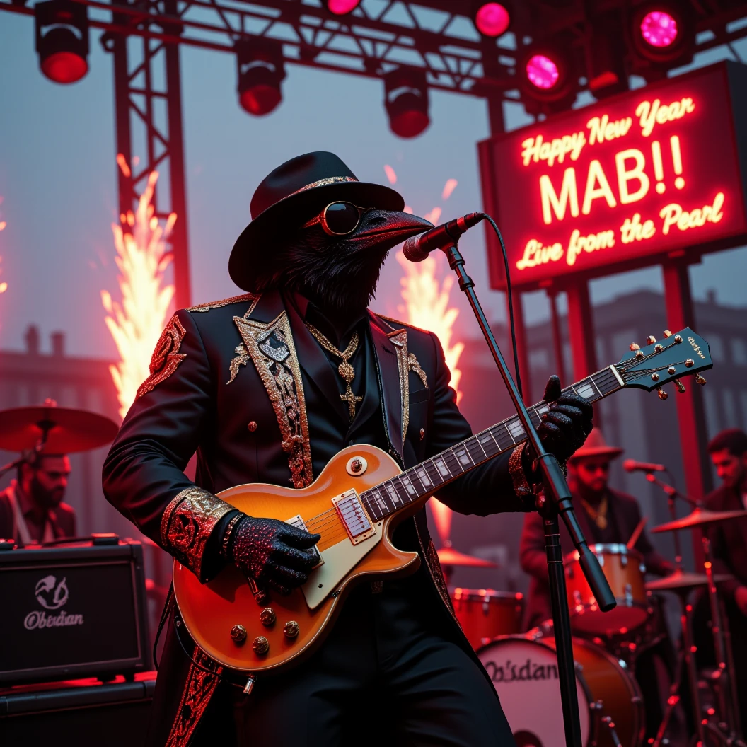 Muscular Anthropomorphic raven donned in intricate black suit with gold trim made of diamonds and a black diamond fedora. Diamonds cover his beak. Dynamically singing. Wears large sunglasses. Lead singer and electric guitar player of a jazz band at a high end jazz club. Sings in to a retro style microphone while playing his guitar. Behind the open air stage, fireworks burst. The words "Happy New Year MAB!!!   Live From The Pearl" on a neon sign. The base drum reads "Obsidian Rhythm Connection". Dynamic jazz band scene, dynamic pose, High Resolution, Masterpiece, Cinematic, Character Design, Hyperdetailed, Cinematography,  cinematic lighting, Depth Of Field, Sparkle, Ray Tracing, Image Fill, Dynamic Pose, old fashion microphone 