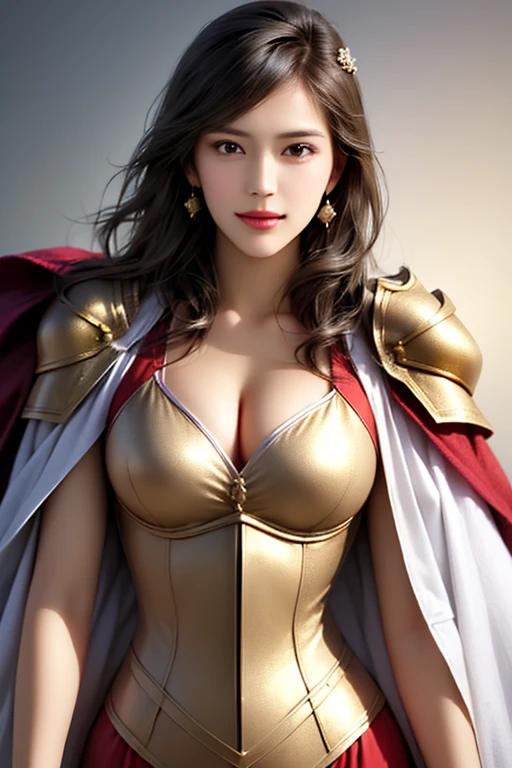 ((The upper body of a female warrior wearing gold and red light armor and a cloak:1.5)),1 person,  black hair,  belly shortcut   ,Big breasts and cleavage,  high-definition face and skin texture  ,  staring at the camera,   Chinese Warrior:1.2,  perfect beauty: 1.4, fine grain,  double eyelids in a judo suit ,  whitening for women with bristles, top quality ,  super high res ,  simple background，Symmetrical Normal Eyes   , hair accessories, Slim Waist ,((great general)),