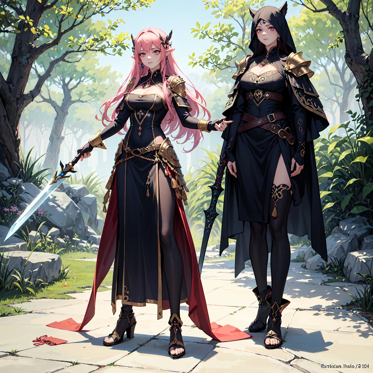 ((best quality)), ((masterpiece)), (detailed), 1girl, off-shoulder sweater, 8k_wallpaper, extremely detailed eyes, extremely detailed body, (large masterpiece digital art), ((perfect anatomy huge chest)), (intricate details:1.3), (ultra-detailed:1.3), (sharp focus:1.3), (natural lighting:1.05), (vivid colors:1.3), (best quality:1.4), high quality, expressive eyes, full body, tall girl, detailed face, beautiful face, perfect face, detailed ((sand hair)), (gold eyes), ((big red horns)), {{dark skin}}, ({dark skinned female}), gigantic breasts, thick thighs, a young Korean woman, (with golden eyes), (ponytail sandy lush hair), {tanned dark bronze skins), powerful sculpted leg muscles, powerful sculpted arm muscles, powerful sculpted abdominal muscles, sculpted thigh muscles, wears a red coat with rolled up sleeves, gold-colored steel heavy armor, a wide red leather belt with silver thread, leather pants with steel thigh guards, leather steel gloves, walking through the forest, trees with blue foliage and white flowers,