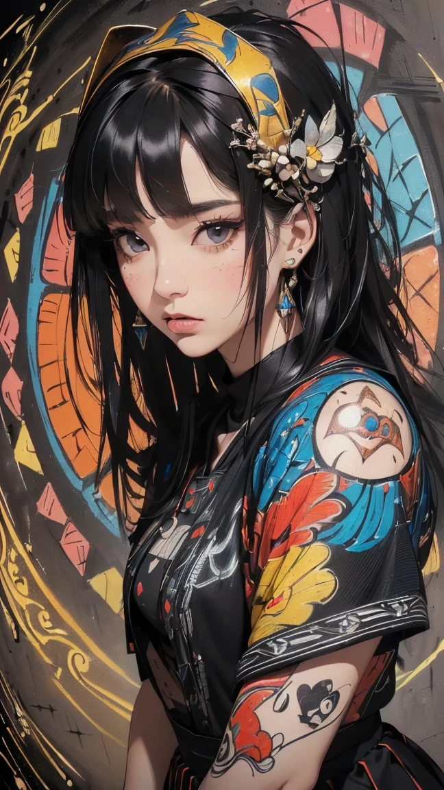 (((8k wallpaper of extremely detailed CG unit:1.2, masterpiece, hight resolution:1.2, top-quality:1.2, masutepiece))), ((a very beautiful woman, Hands in pockets:1.8, Grunge Fashion:1.2, wear a blouson:1.2, wearing skirt, wearing tights and boots)), ((extra detailed face, Highly detailed black eyes, extra detailed body, Top quality real texture skins)), (A dark-haired, length hair, de pele branca, Small:1.2), ((Colorful geometric patterns are painted all over the wall., Colorful wall)), (high-angle:1.2, a closeup, Fisheye:1.4), hyper realisitic, digitial painting,