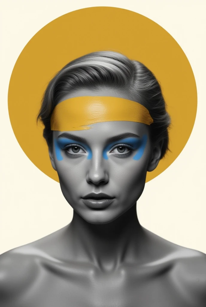 Deconstructed portrait photography, Blue woman, layer of yellow color shadows, mixed media in the dadaism style. Purity. Losing her faith in God. Sophie Taeuber-Arp style <lora:DeconDada-000008:1.4>