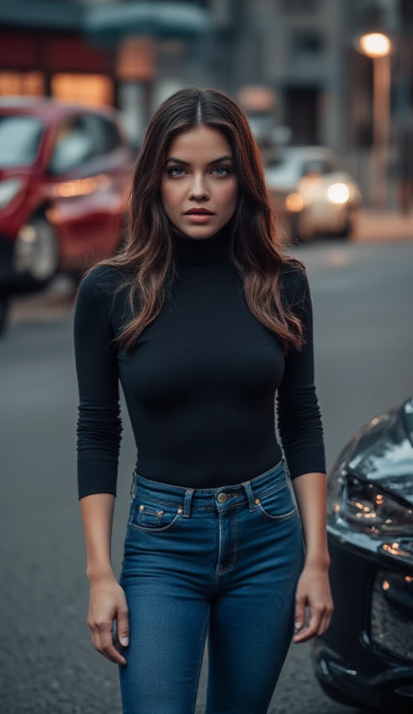 a beautiful woman wearing a turtle neck and jeans, standing, looking for har car