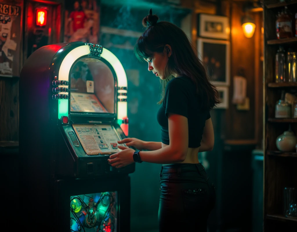 A cinematic shot in a cozy, traditional English pub where a 19-year-old girl stands beside a vintage jukebox, her fingers hovering over the colorful buttons as she selects a song. She wears a tight, fitted black t-shirt and matte black leather pants, with dark, smudged makeup enhancing her bold and edgy appearance. The nostalgic pub has walls adorned with faded band posters, old soccer team photos, and wooden shelves stocked with glass bottles and spirits. The air is hazy with cigarette smoke rising to the dimly lit ceiling. A small turquoise neon light casts an ethereal glow, illuminating her determined expression and contrasting with her silhouette. The jukebox radiates vibrant, multicolored lights, adding warmth against the cooler room tones. Shadows flicker on the worn wooden walls, blending neon glow with dim amber lighting from vintage wall sconces. The scene exudes resilience and nostalgia, with the clatter of glasses, distant laughter, and the faint hum of an old jukebox track filling the air, encapsulating the timeless charm of the pub.