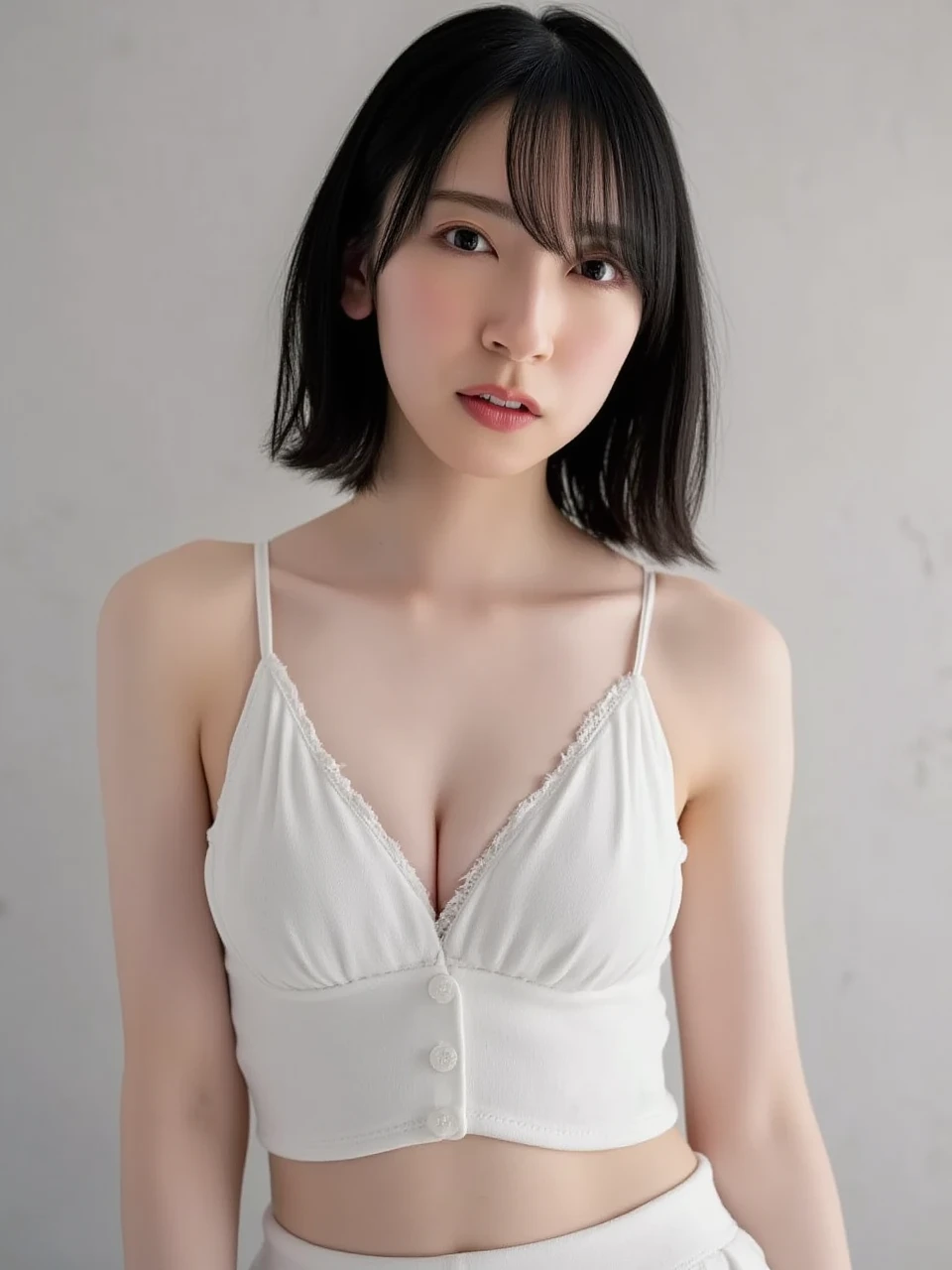 ((( High resolution,top quality, super detailed, Masterpiece , very detailed,realistic,real person,Ultra detailed skin))) ,simple background, from front, medium shot, looking at viewer , (standing), (arms behind back), black hair, medium hair, medium breasts, cleavage,(t-shirt, tight shirt,cleavage cutout), pleated skirt