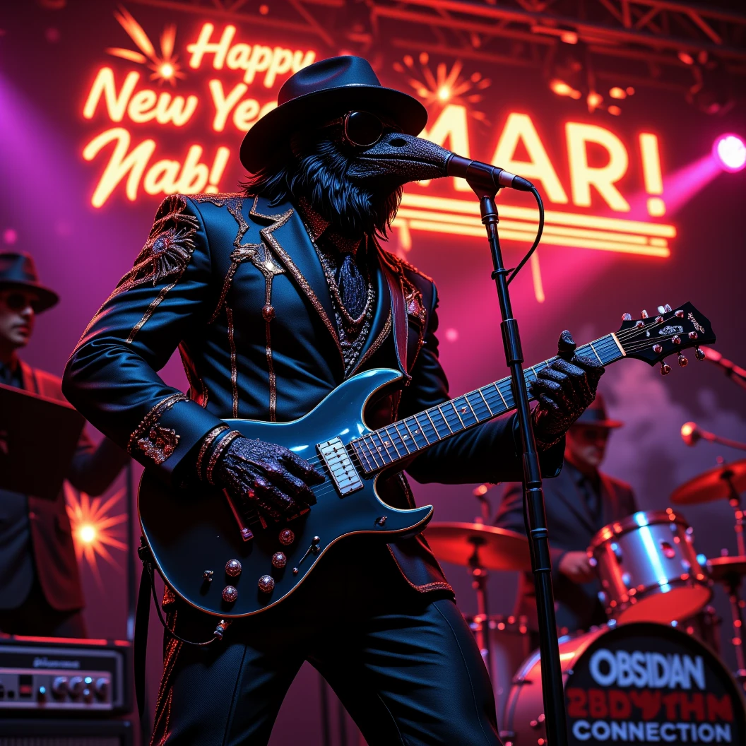 Muscular Anthropomorphic raven donned in intricate black suit with gold trim made of diamonds and a black diamond fedora. Diamonds cover his beak. Dynamically singing. Wears large sunglasses. Lead singer and electric guitar player of a jazz band at a high end jazz club. Sings in to a retro style microphone while playing his guitar. Behind the open air stage, fireworks burst. The words "Happy New Year MAB!!!   Live From The Pearl" on a neon sign. The base drum reads "Obsidian Rhythm Connection". Dynamic jazz band scene, dynamic pose, High Resolution, Masterpiece, Cinematic, Character Design, Hyperdetailed, Cinematography,  cinematic lighting, Depth Of Field, Sparkle, Ray Tracing, Image Fill, Dynamic Pose, old fashion microphone 