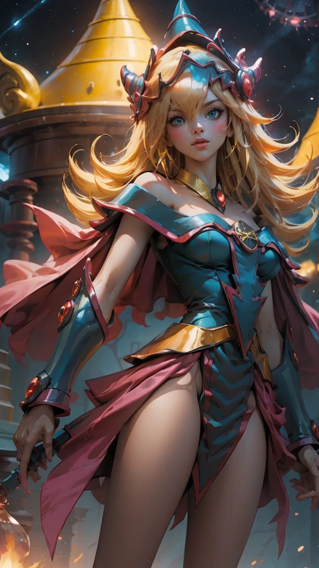 (Obra maestra:1.2), (La mejor calidad:1.2), Perfect lighting, Chica Maga Oscura lanzando un hechizo, In his twenties, flotando en el aire, tetas grandes, escote, blue robe, sombrero grande, desde arriba, Destellos, Yugioh juego, Magic of the Heart. Heart lights, Romantic Heart