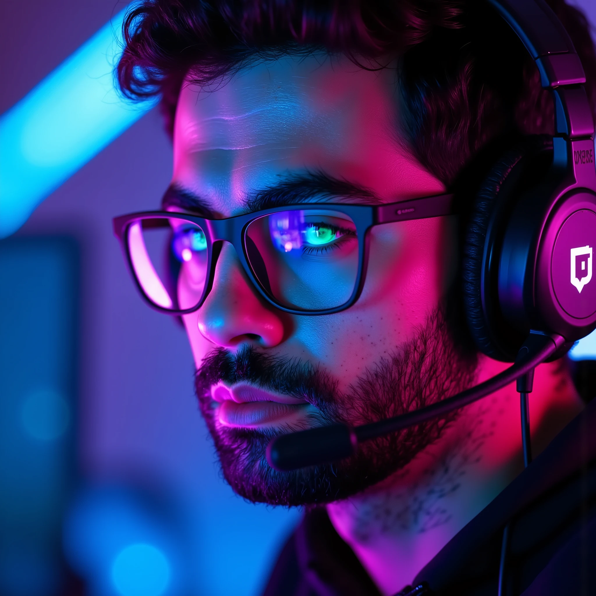 ((Masterpiece)), (ultra-detailed), (8k resolution), A dynamic **Twitch avatar** of **Pivalora2**, styled for a professional e-sports vibe. The composition features a close-up of **Pivalora2’s face**, wearing **black prescription glasses** with a sleek, modern frame that reflects faint **RGB lighting** from a professional gamer headset. His expression is confident and focused, showcasing the determined attitude of a competitive gamer.  

The background is minimal yet vibrant, incorporating a **blurred neon glow** in hues of blue and purple, inspired by the energetic ambiance of gaming arenas. The lighting is sharp and cinematic, with highlights on his glasses and headset for a polished, high-quality appearance. The design integrates a **subtle Twitch logo-inspired outline** or **stylized gamer tag (Pivalora2)**, placed at the bottom corner for branding.  

Perfect for Twitch use, this avatar blends professionalism with personality, capturing the essence of **e-sports competition** in a bold, engaging way. **(Twitch avatar, e-sports branding, RGB lighting, cinematic focus, neon accents, professional design)**.  