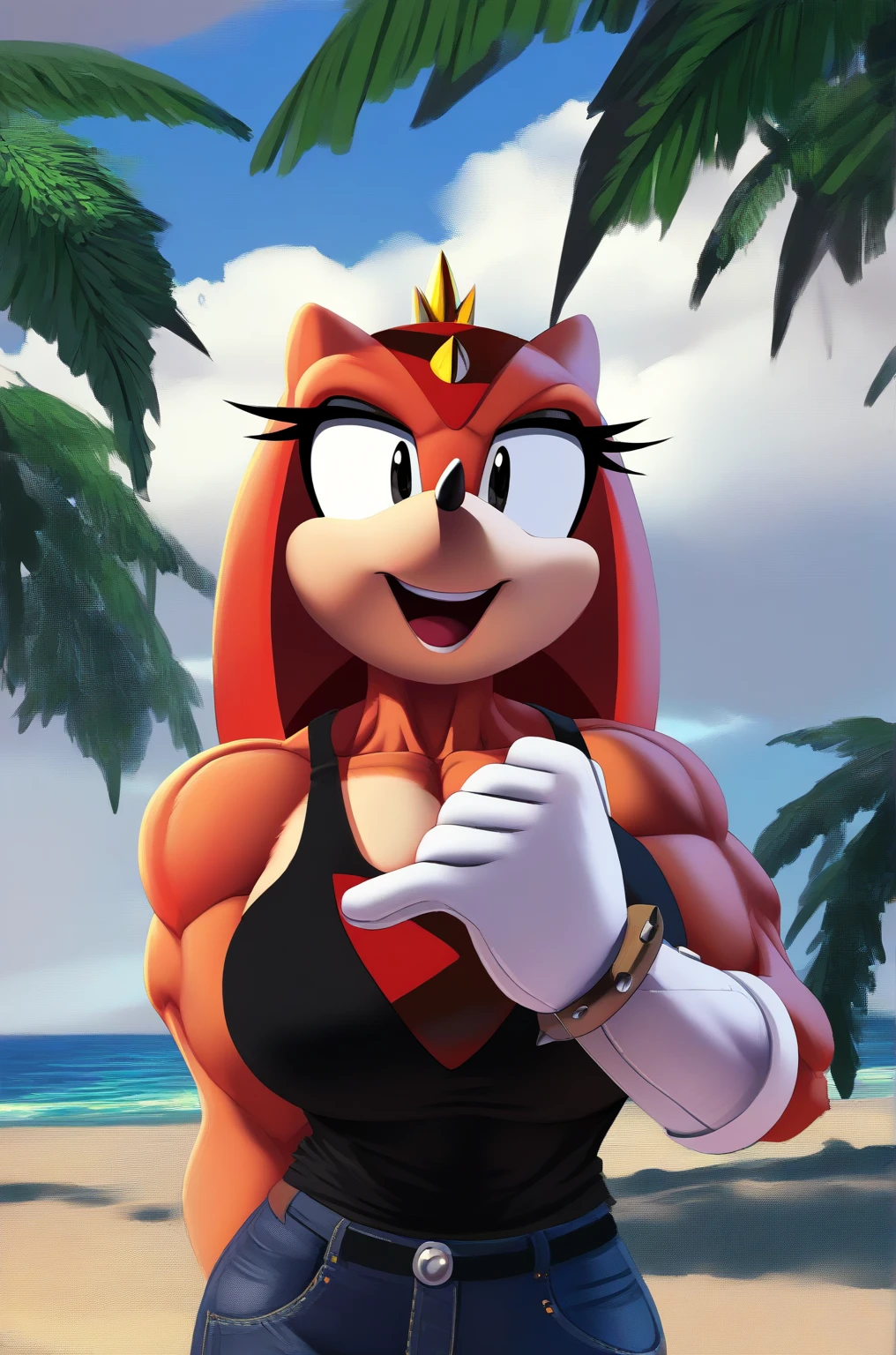 Masterpiece, high quality, studio quality, intricate details, 4k, 1girl, solo, Lien-Da the Echidna, dress, eyes open, blue eyes, big breasts, midriff