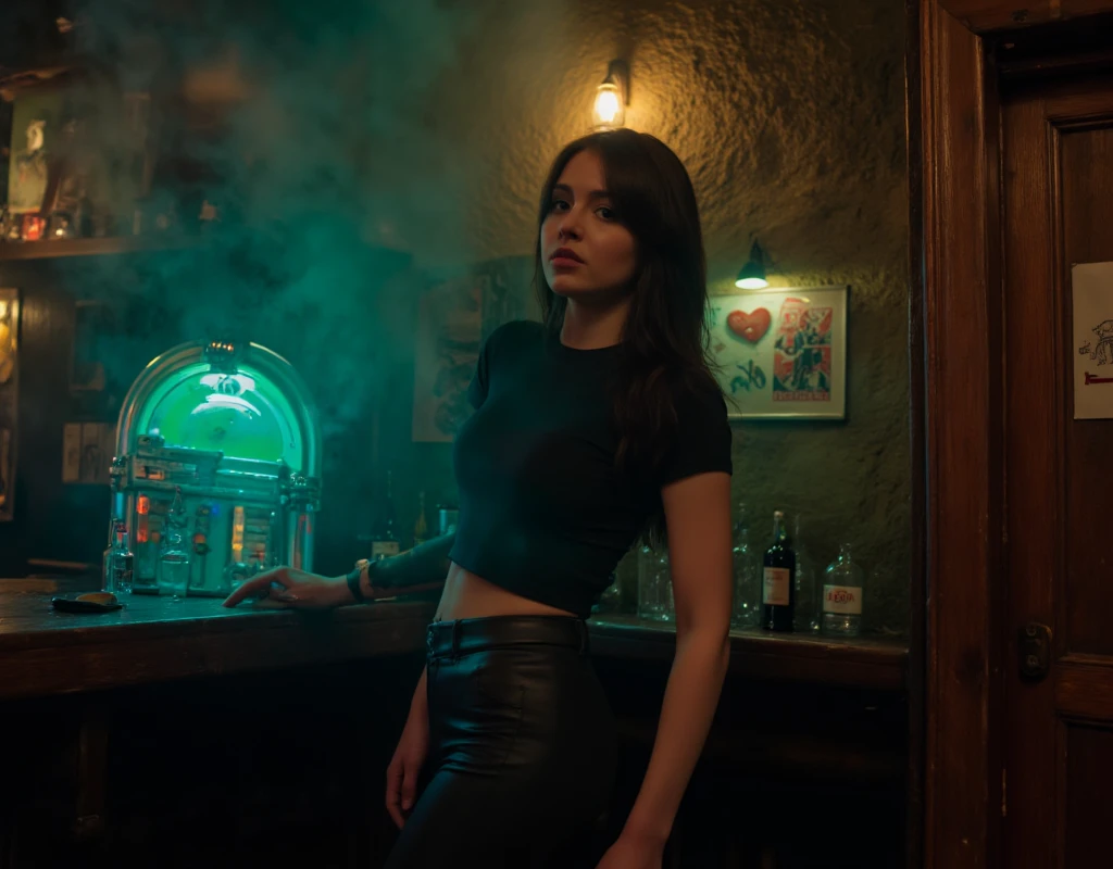 A Cinematic shot in a cozy, traditional English pub, a 19-year-old girl stands beside a vintage jukebox, her fingers hovering over the colorful buttons as she selects a song. She is dressed in a tight, fitted black t-shirt that subtly outlines her figure, paired with matte black leather pants that reflect faint glimmers of light. Her dark, smudged makeup enhances her bold and edgy appearance. The pub is steeped in nostalgia, its walls adorned with faded band posters, old soccer team photos, and wooden shelves stocked with an array of glass bottles and spirits. The air is hazy with cigarette smoke, curling upward into the dimly lit ceiling. A small turquoise neon light casts an ethereal glow, softly illuminating her determined expression while throwing cool tones across her silhouette. The jukebox radiates vibrant, multicolored lights, its warm hues adding contrast to the cooler tones of the room. Shadows flicker and dance on the worn wooden walls, blending the neon glow with the dim amber lighting from vintage wall sconces. The scene exudes a mix of resilience and nostalgia, with the clatter of glasses, distant laughter, and the faint hum of an old jukebox track filling the air, encapsulating the timeless charm of the pub. 

